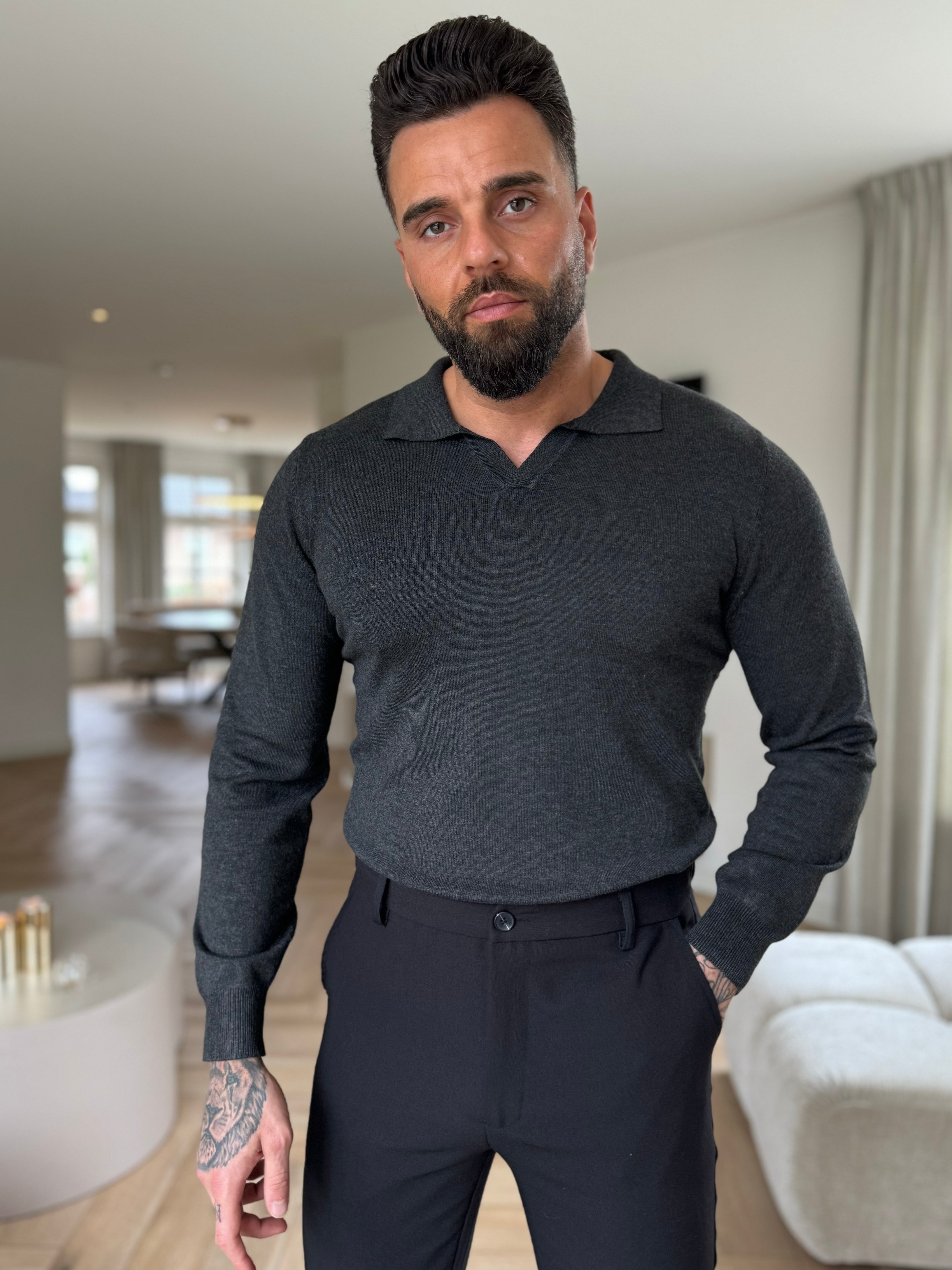 Collar V-Neck Knitwear, Plain - Dark Grey