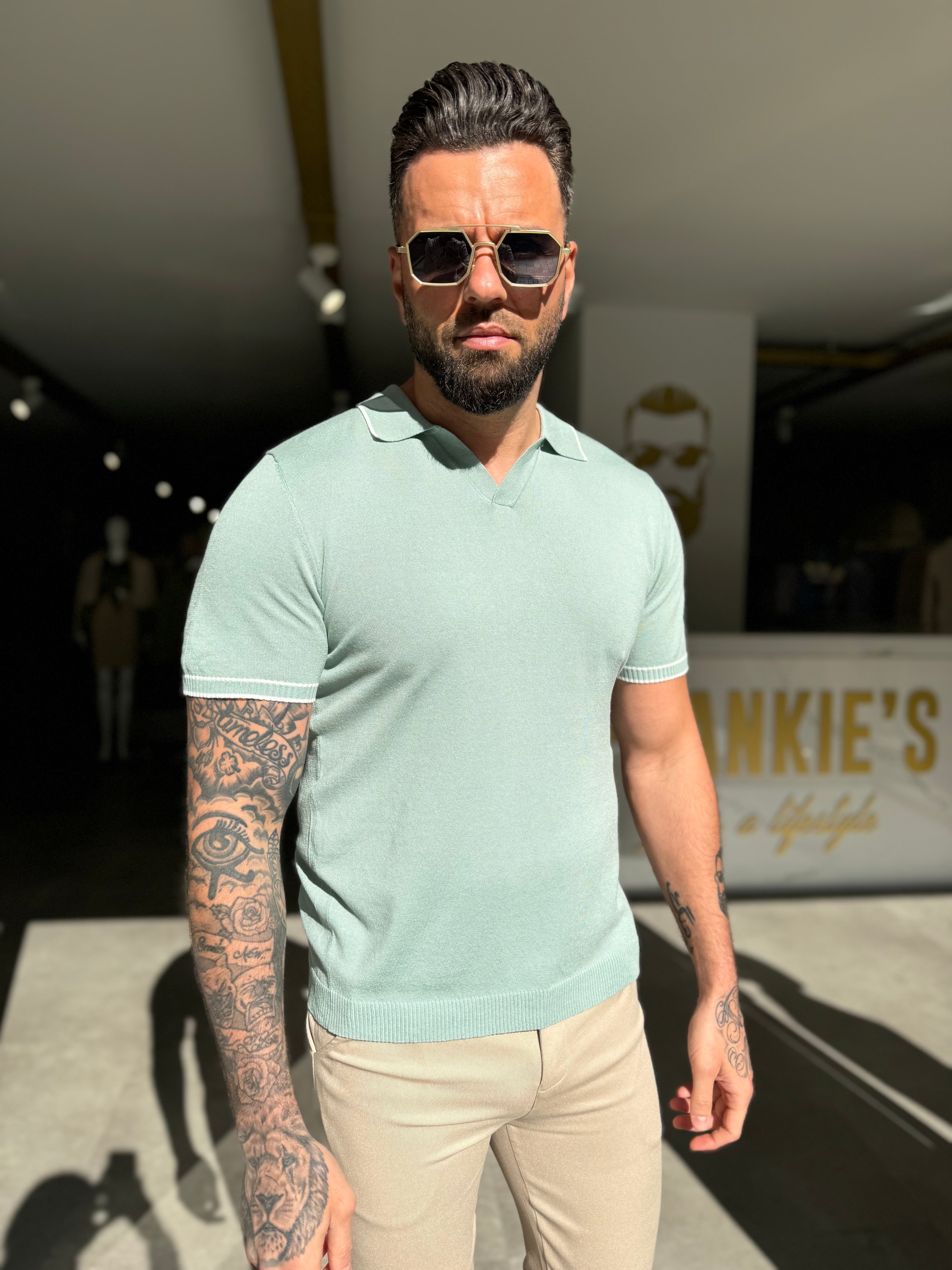 Buttonless knitwear polo short sleeve mint green