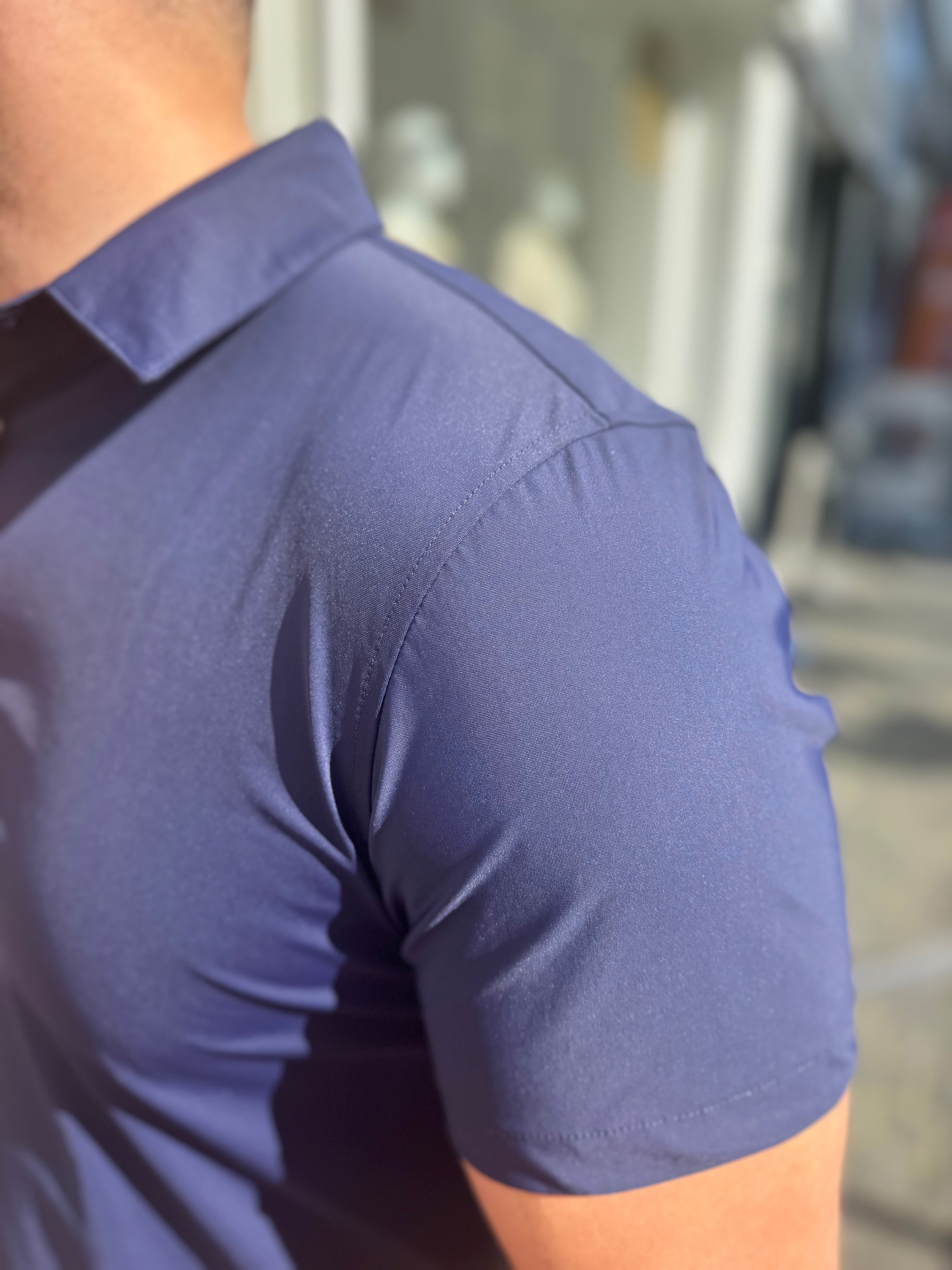 Satin Super Stretch Hemd Kurzarm Marineblau