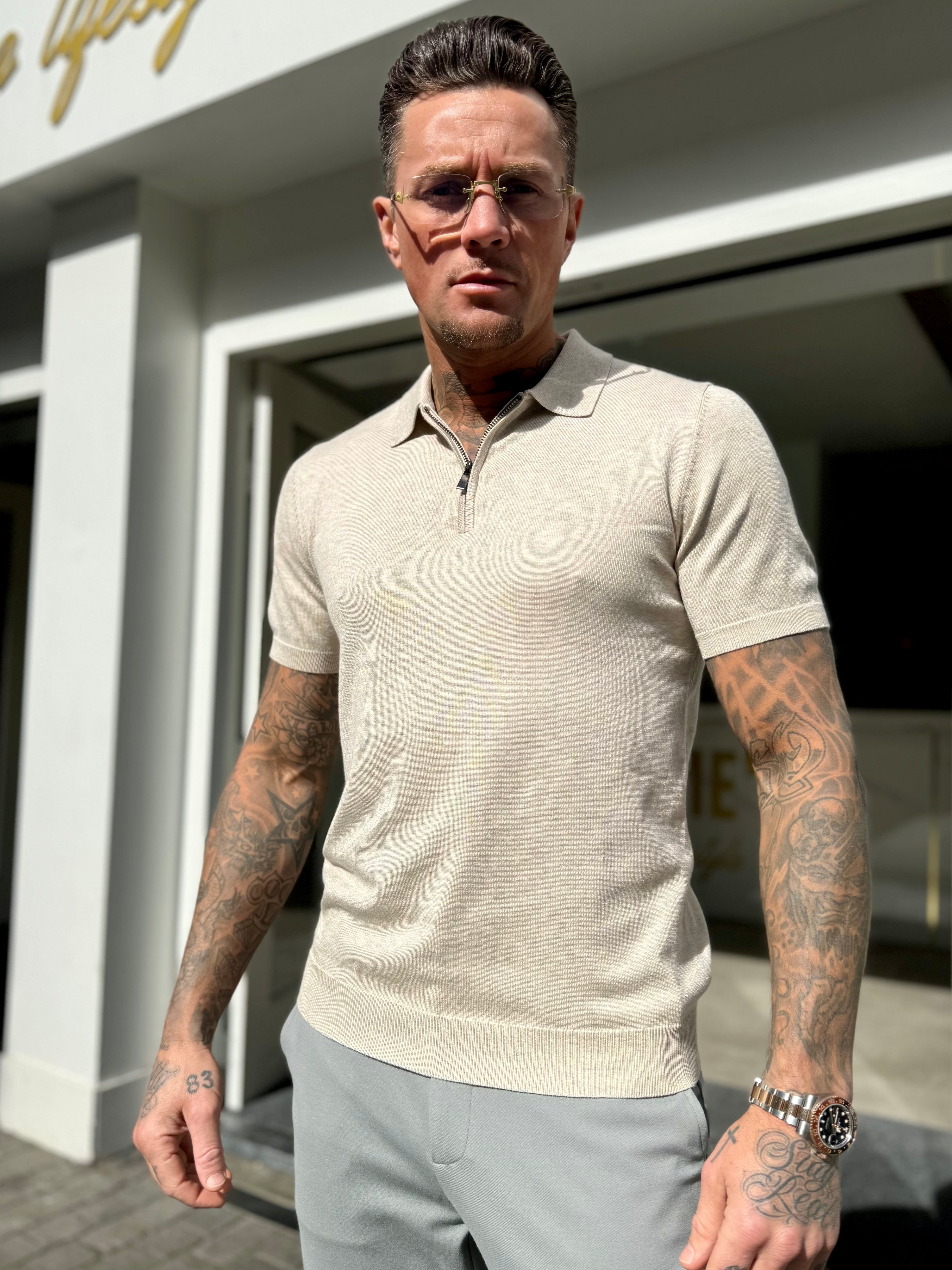 Polo zipper knitwear short sleeve beige