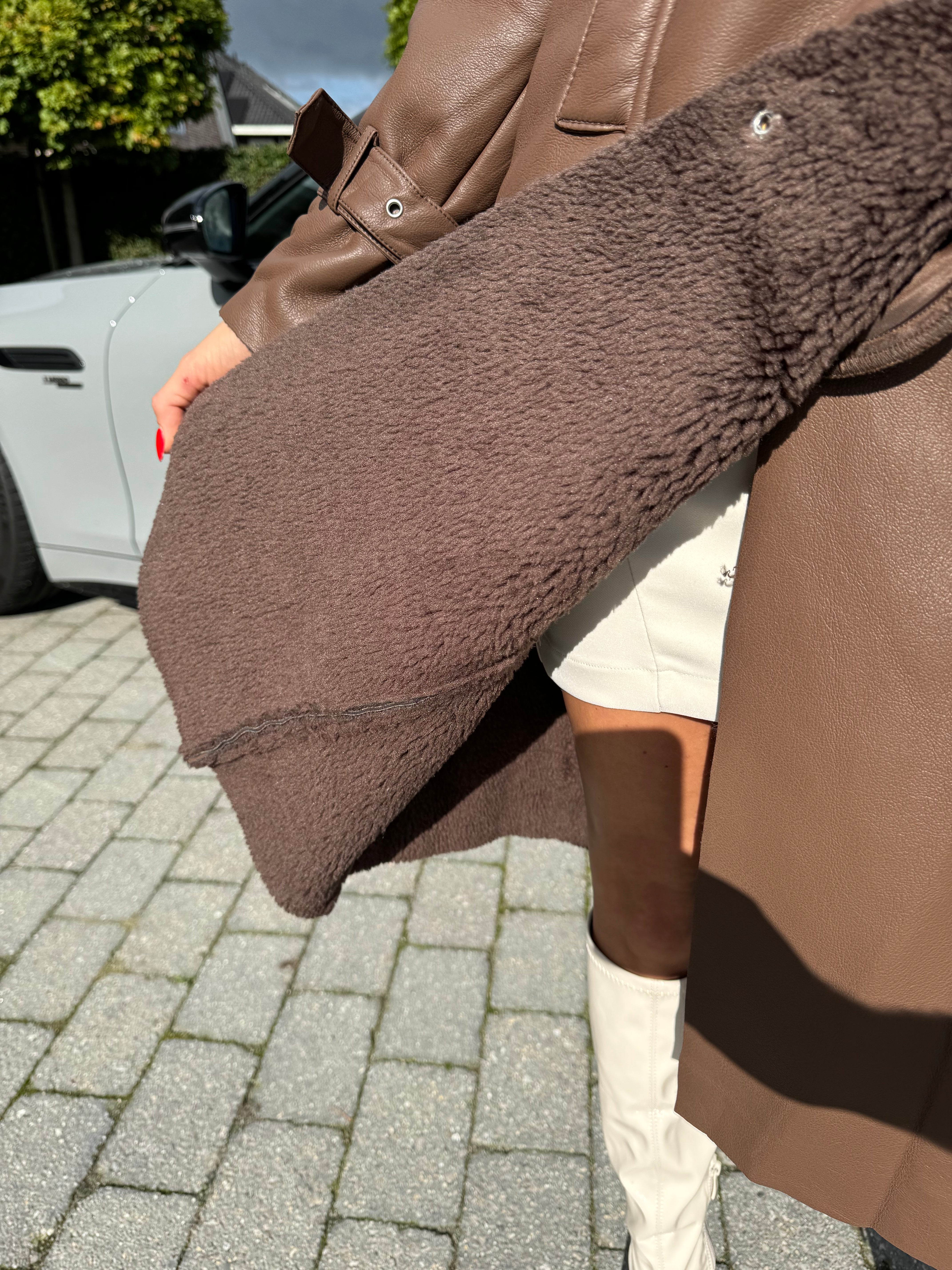 Leather trench coat faux fur brown