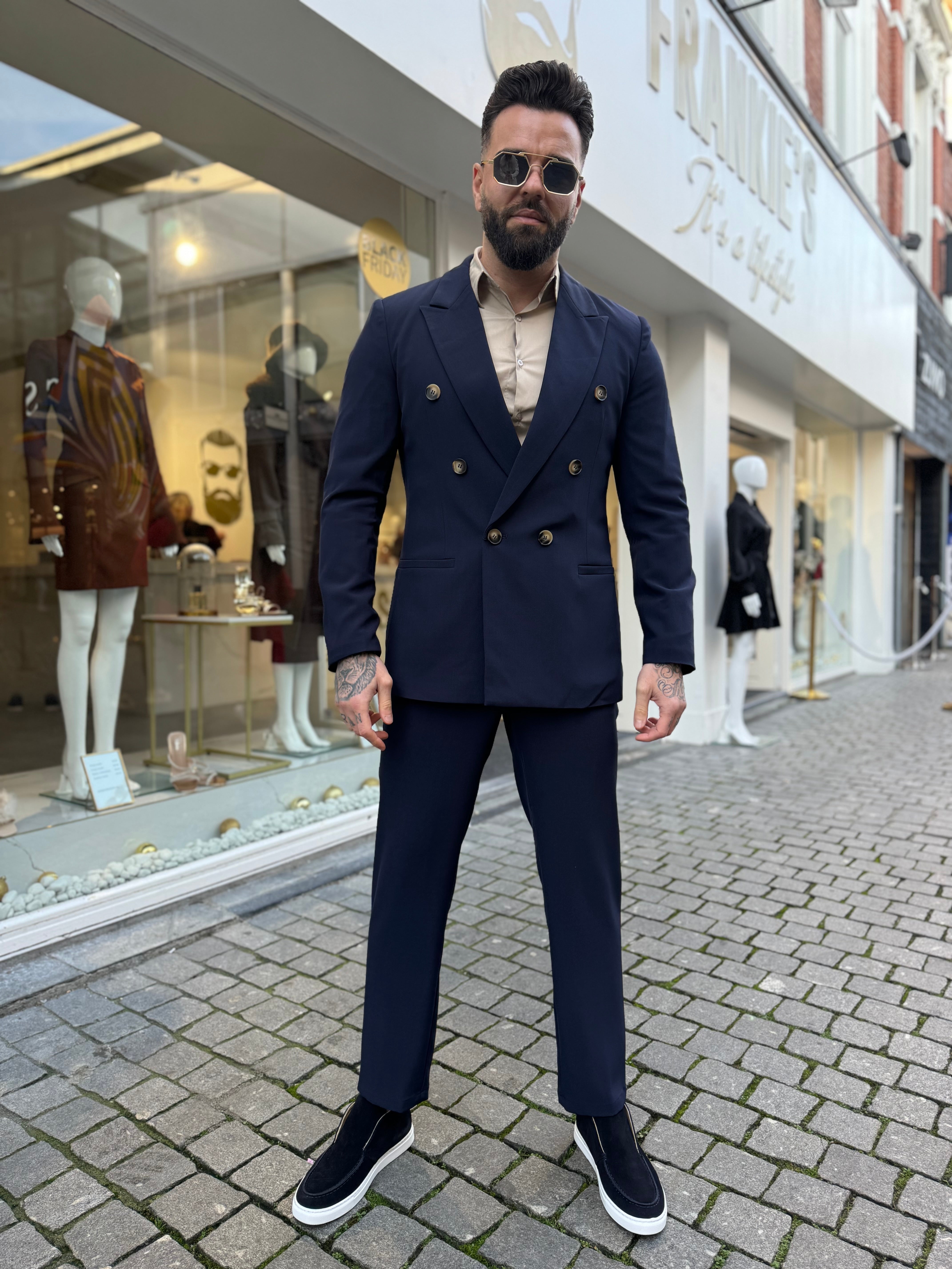 Suit double breasted two piece navy blue