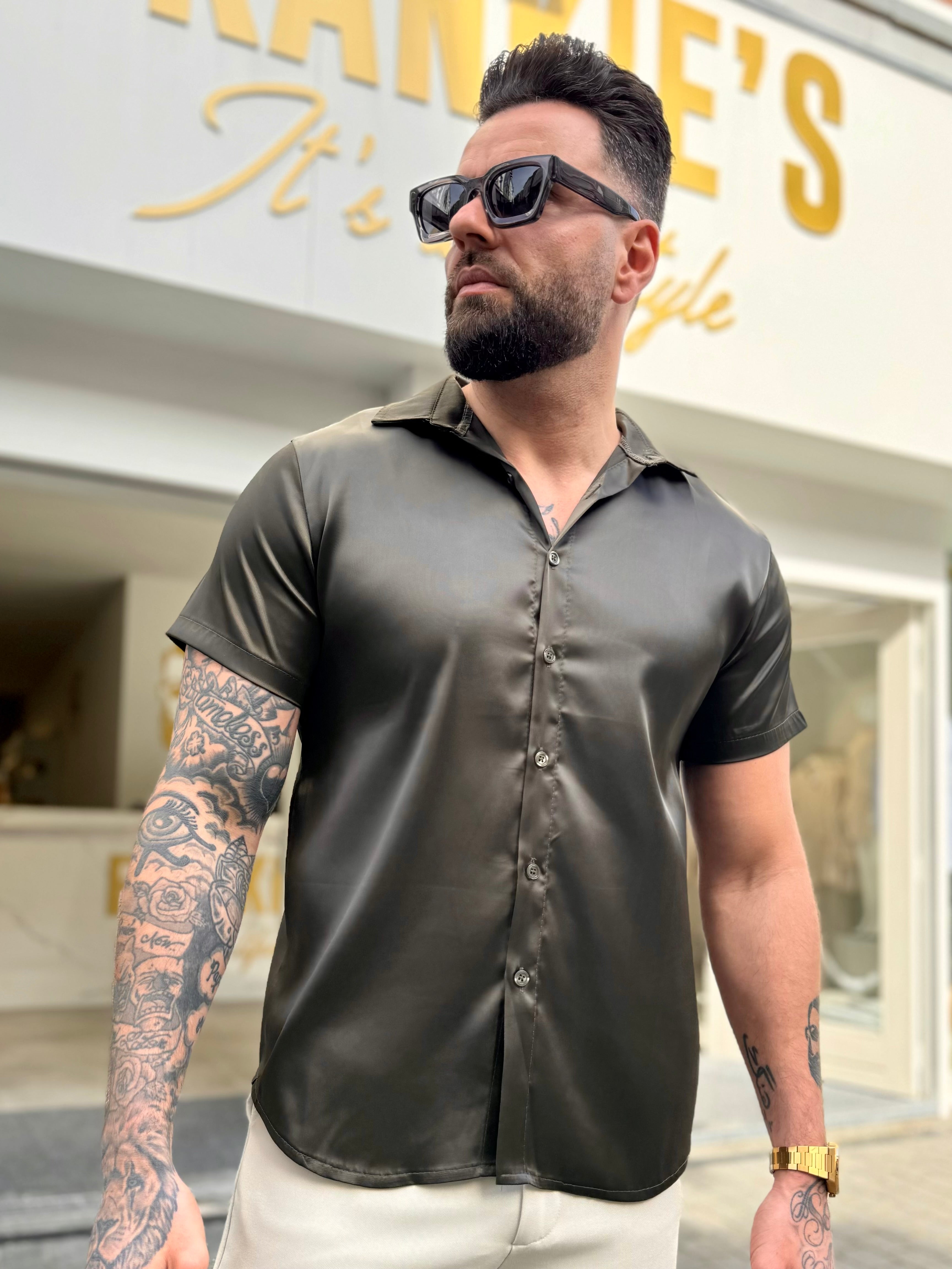 Satin shirt short sleeve khaki