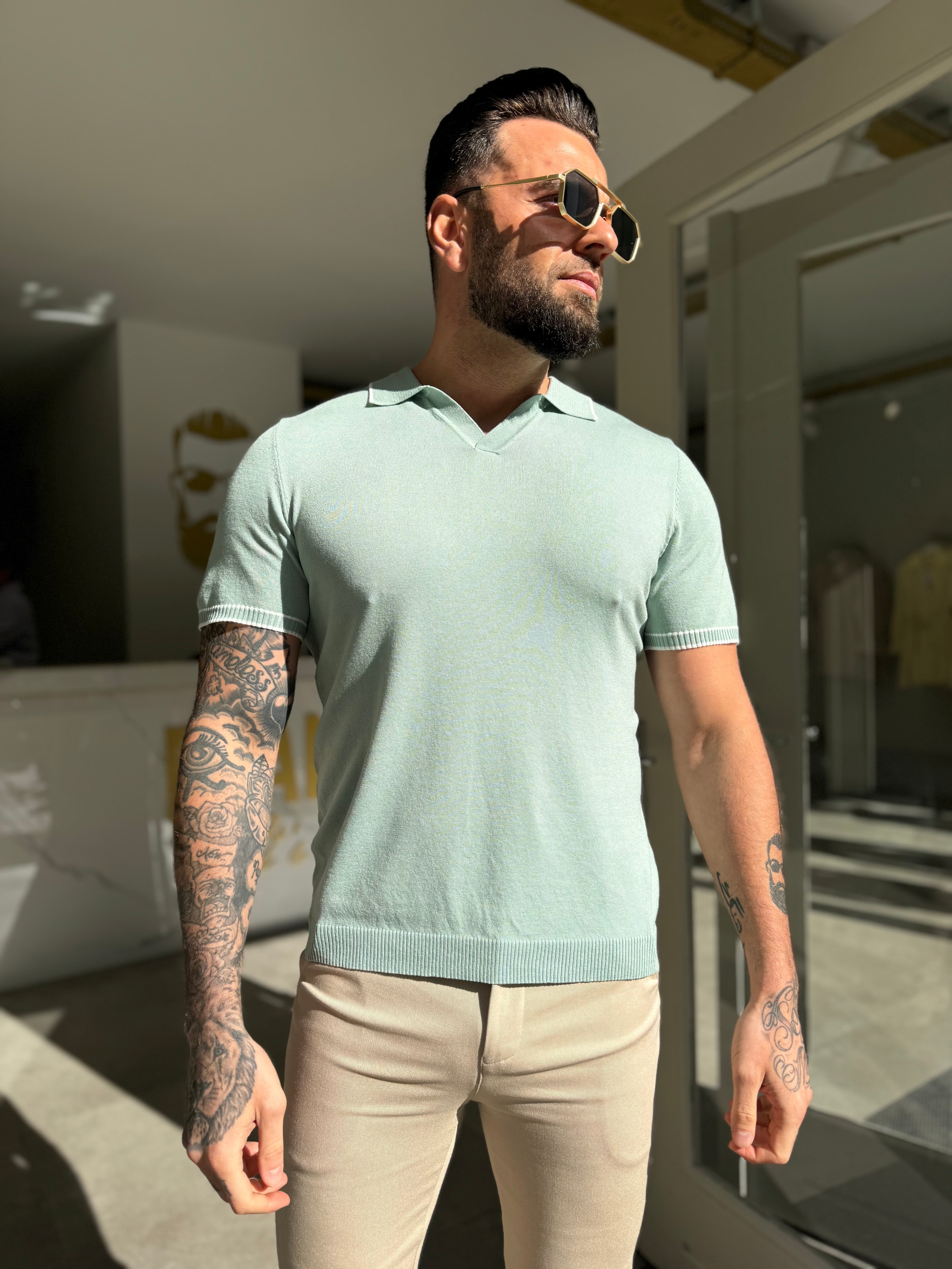 Buttonless knitwear polo short sleeve mint green