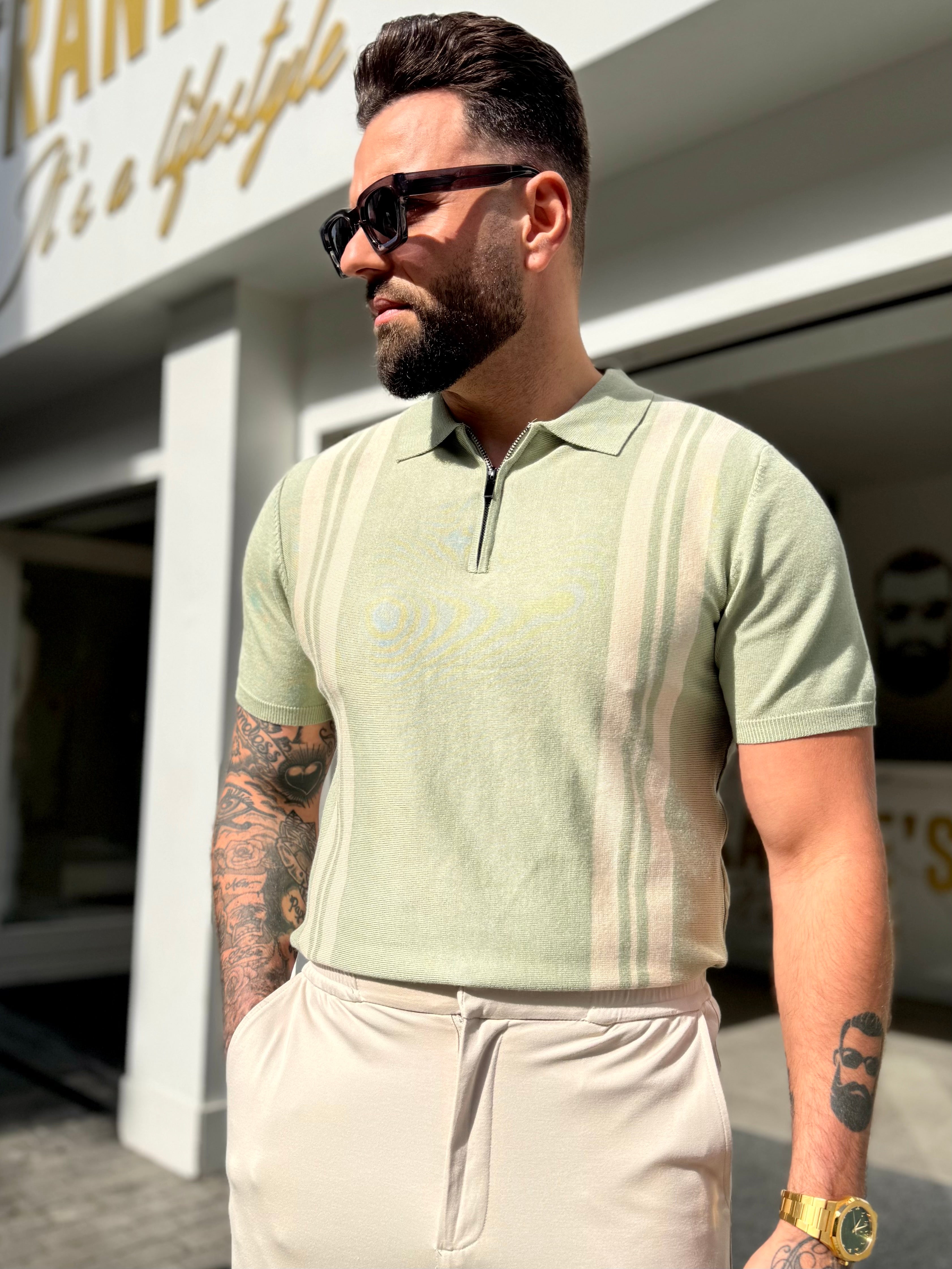 Polo knitwear short sleeve zipper light green beige