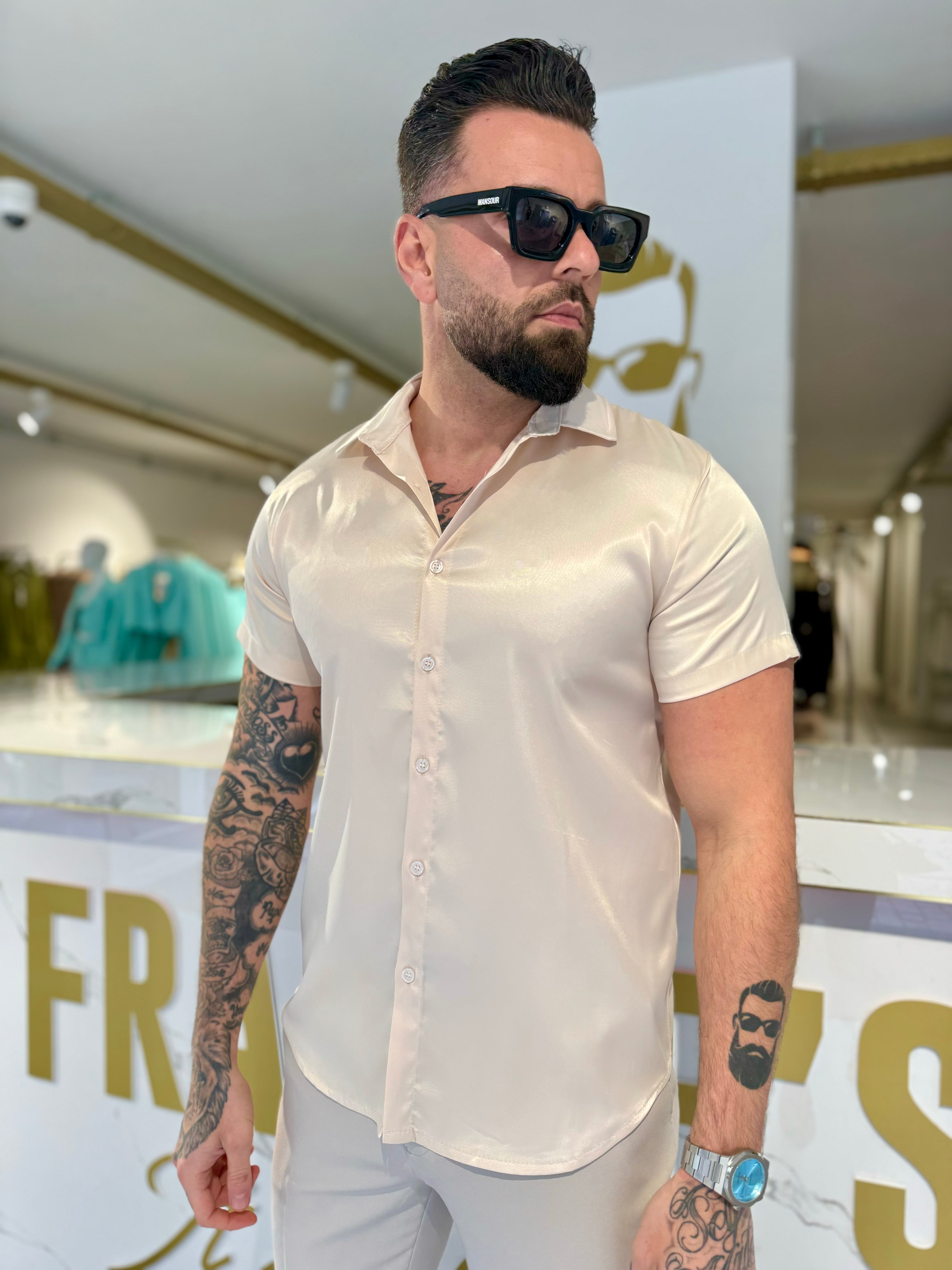 Satin shirt short sleeve beige