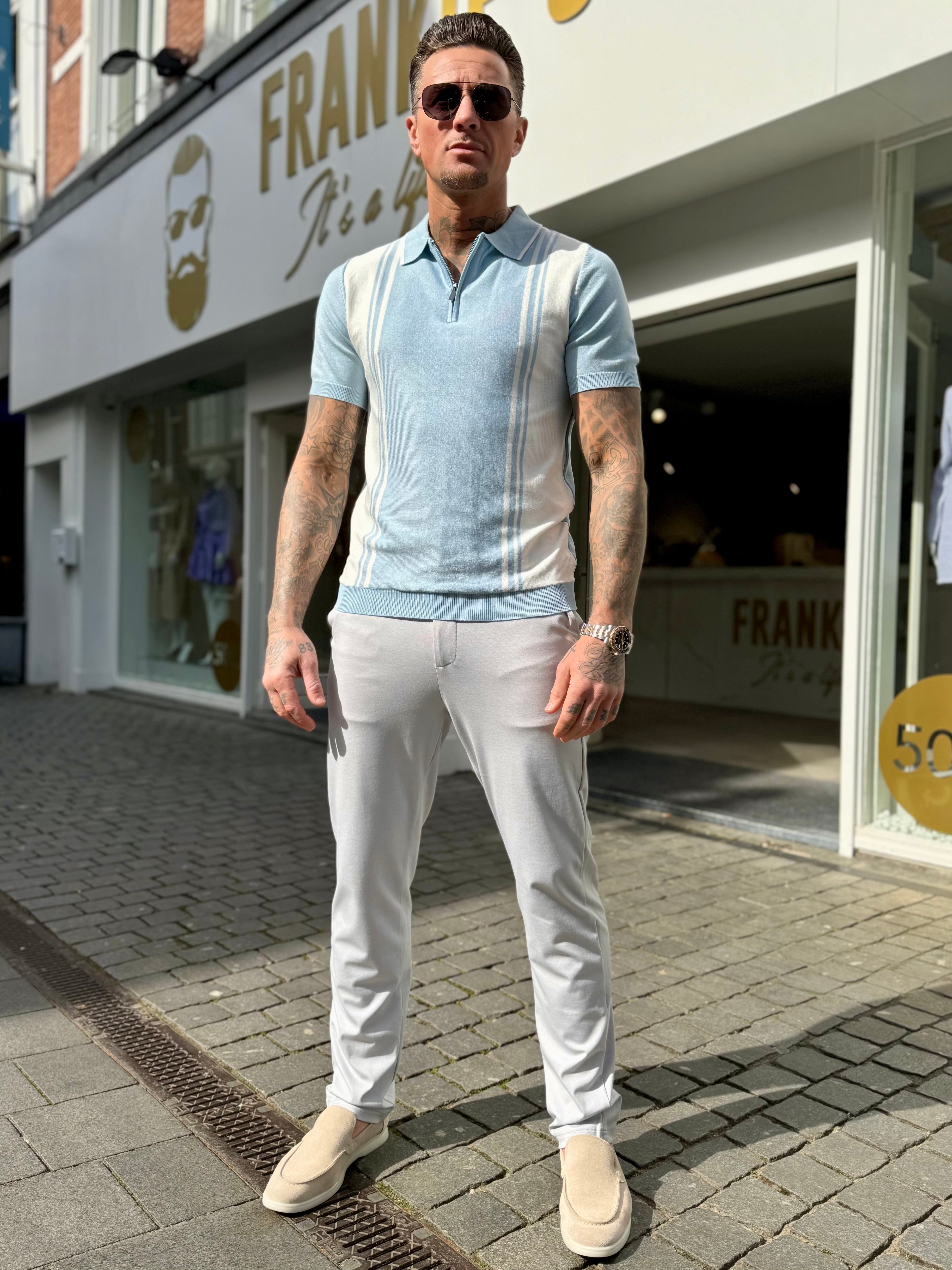 Polo knitwear short sleeve zipper light blue white