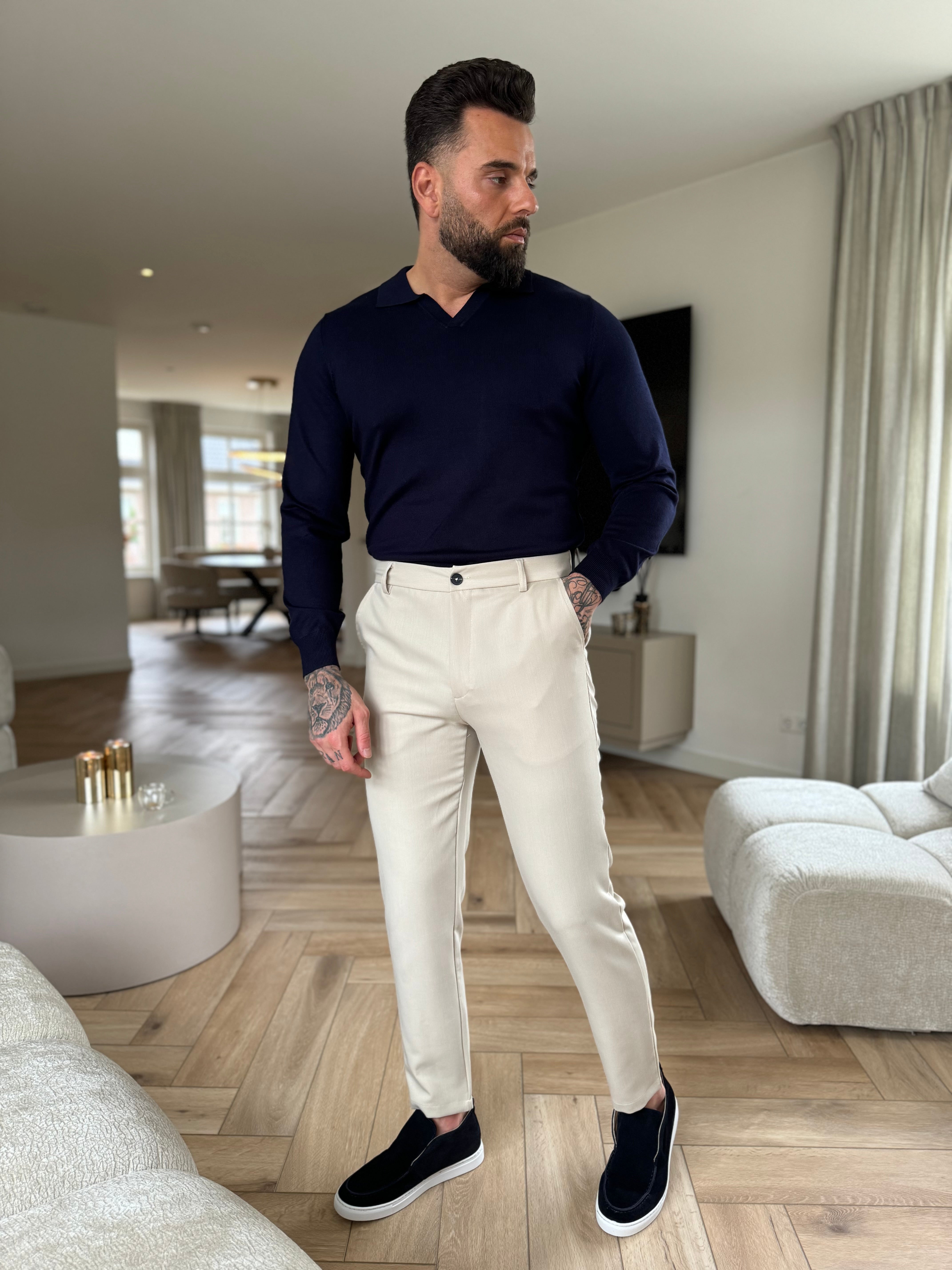 Collar V-Neck Knitwear, Plain - Navy