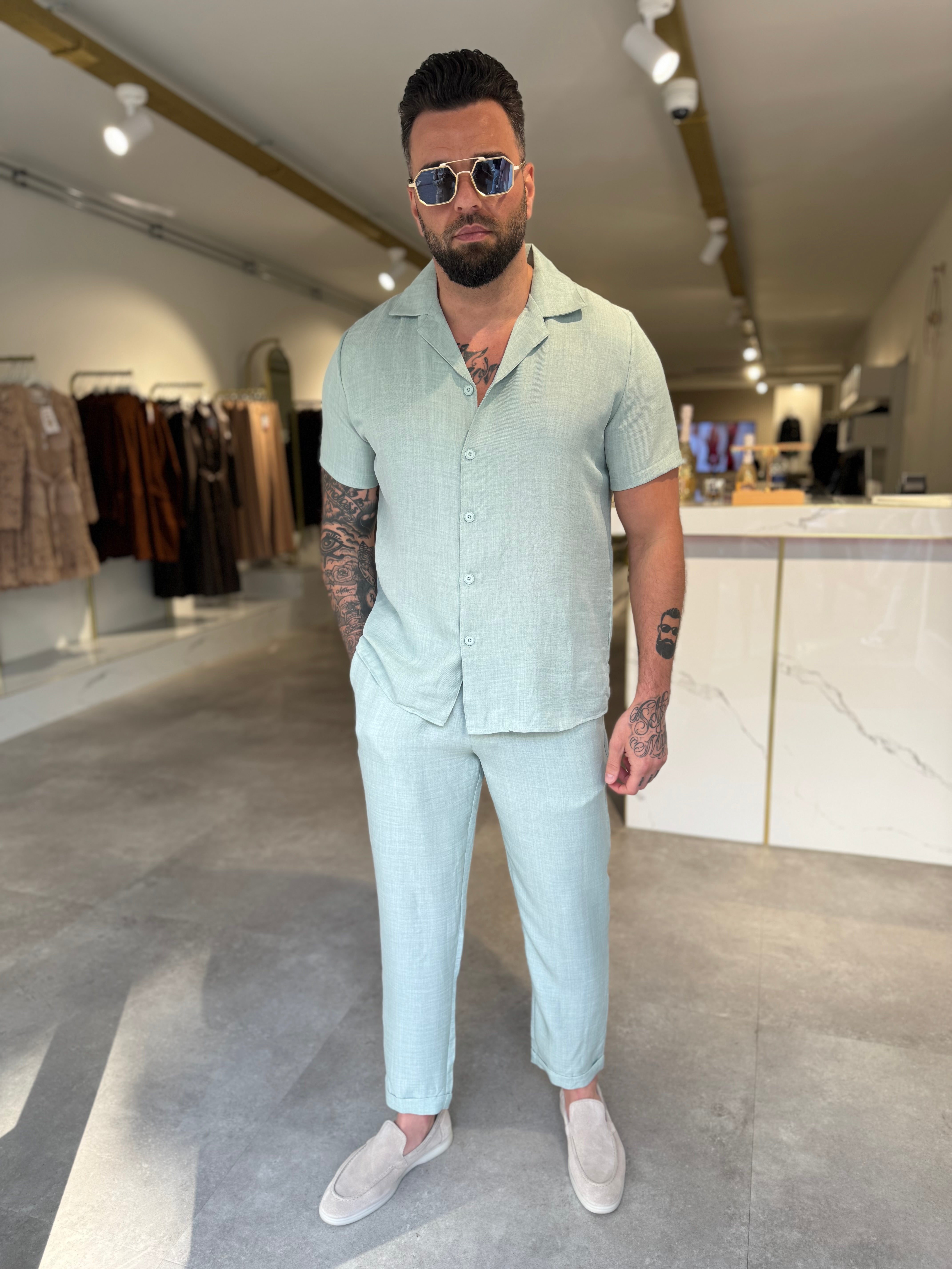 Summer set linen trousers & shirt mint green