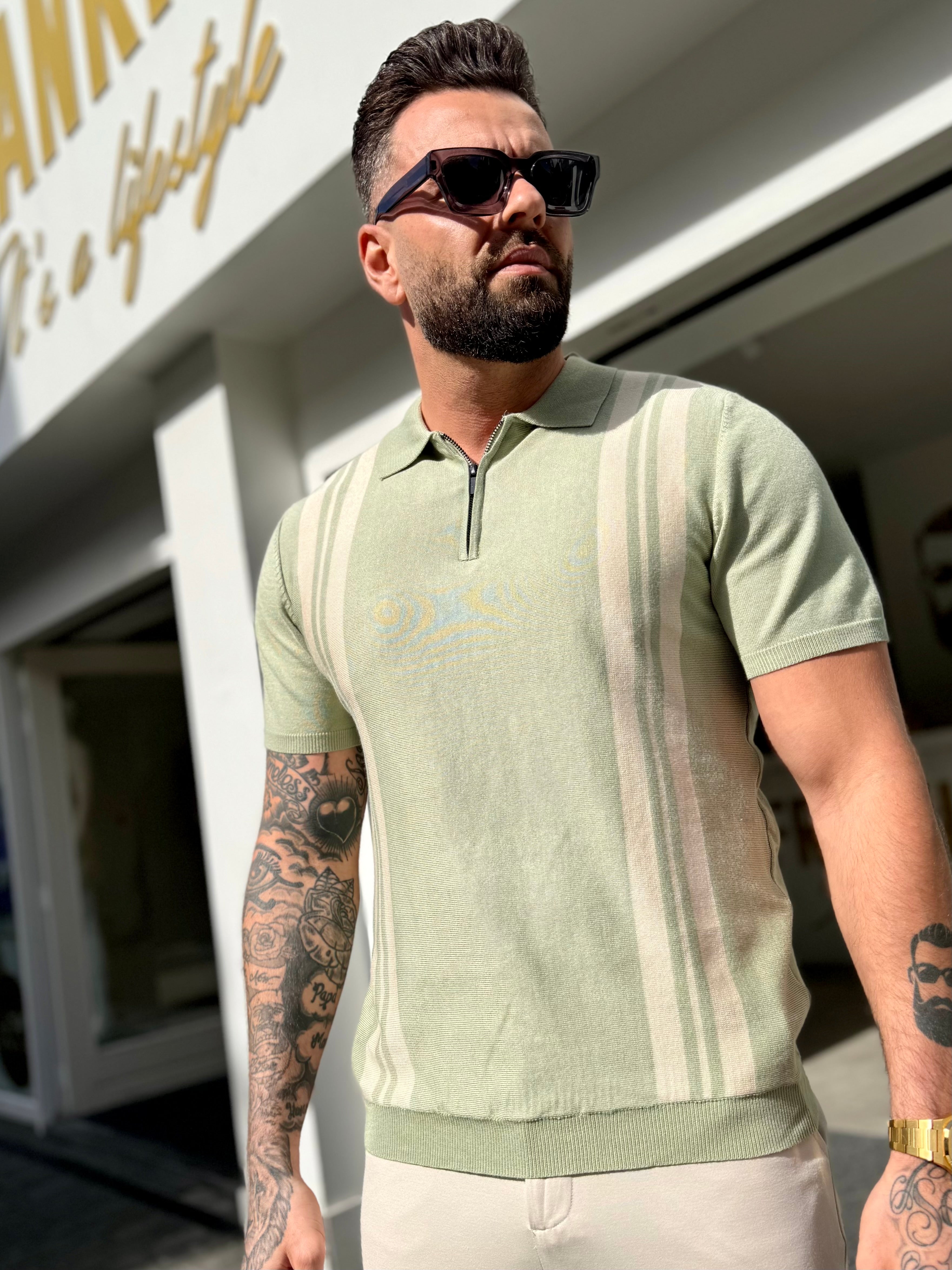 Polo knitwear short sleeve zipper light green beige
