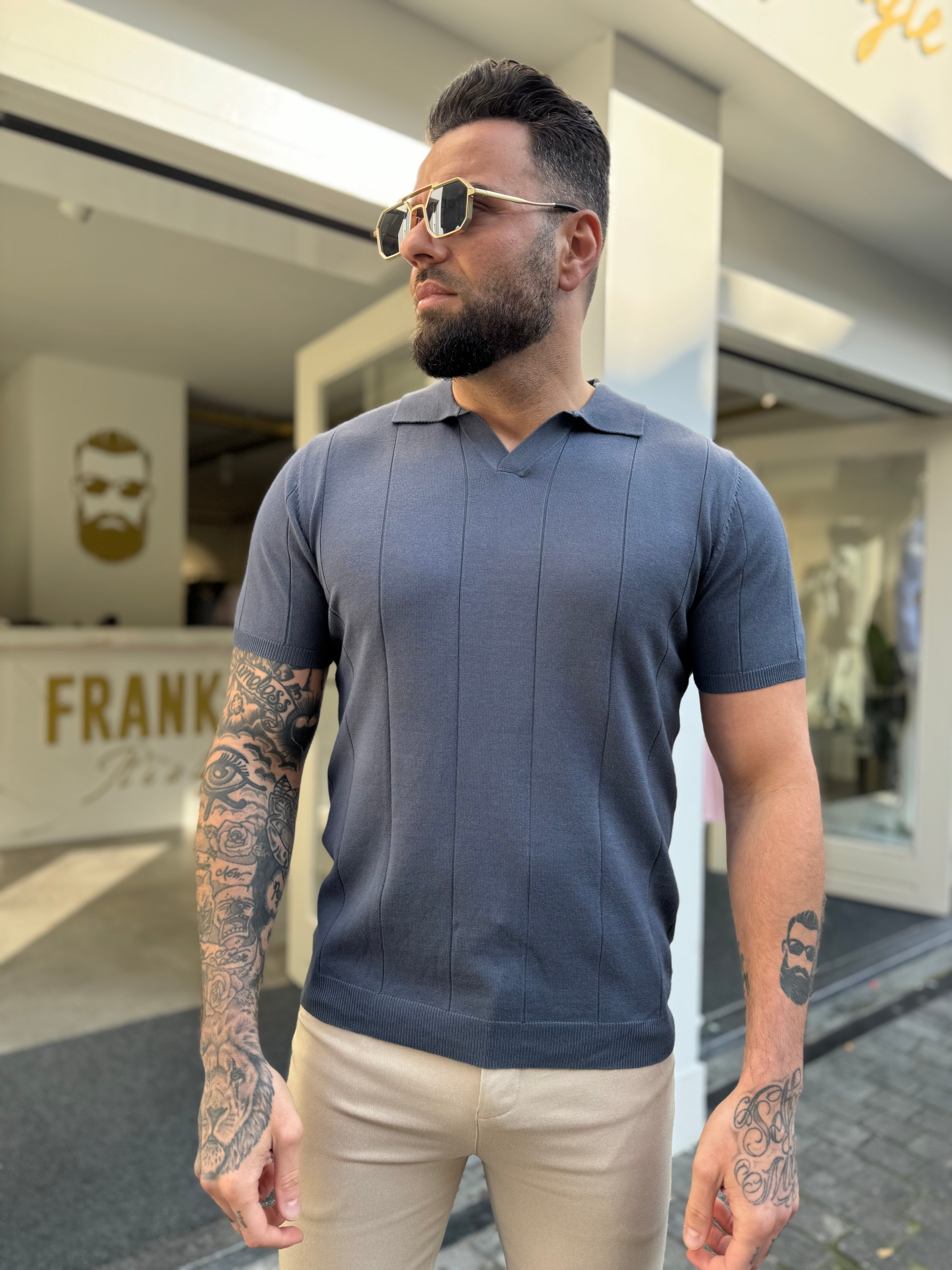 Buttonless knitwear polo short sleeve dark blue