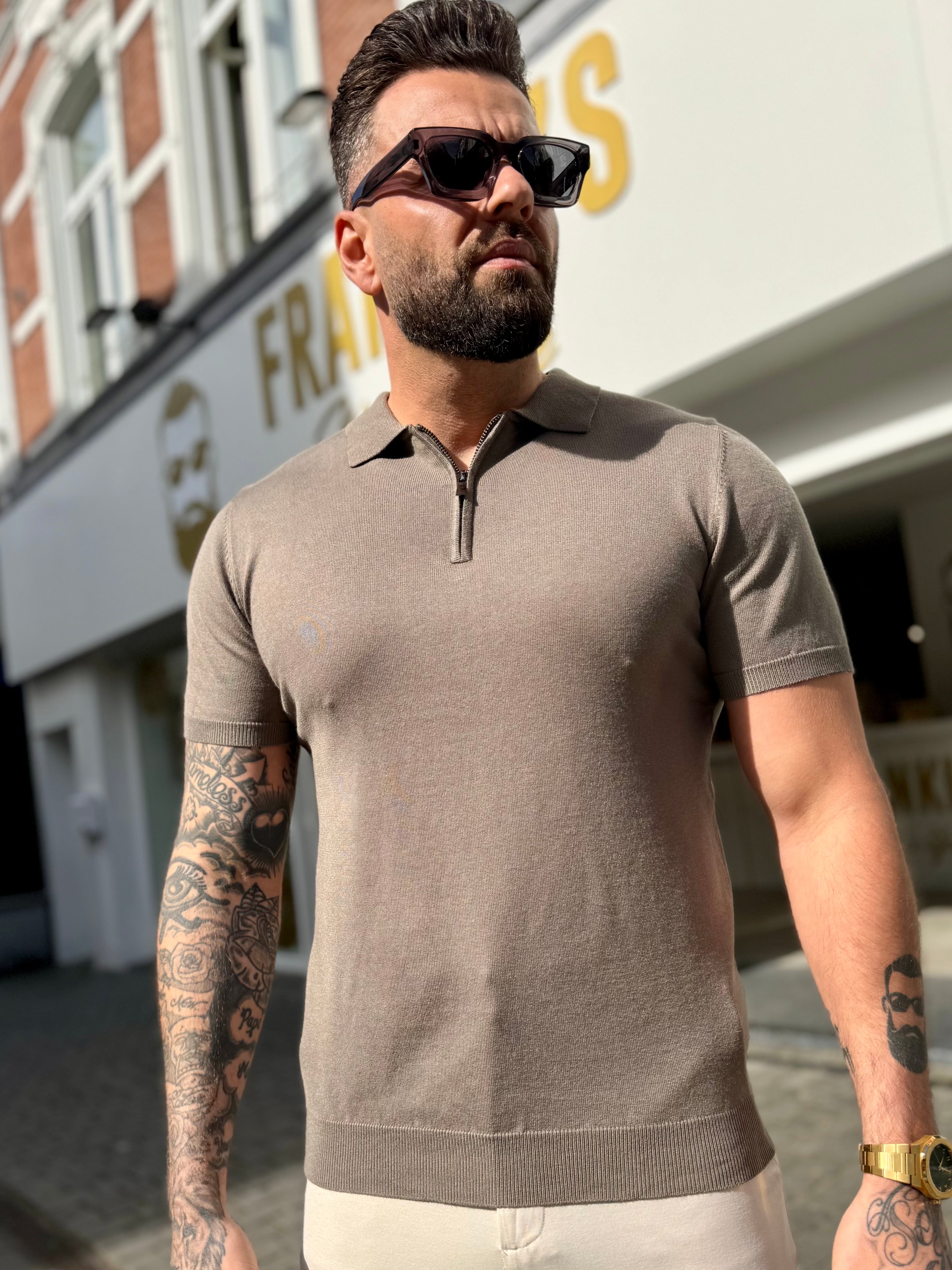 Polo zipper knitwear short sleeve khaki green