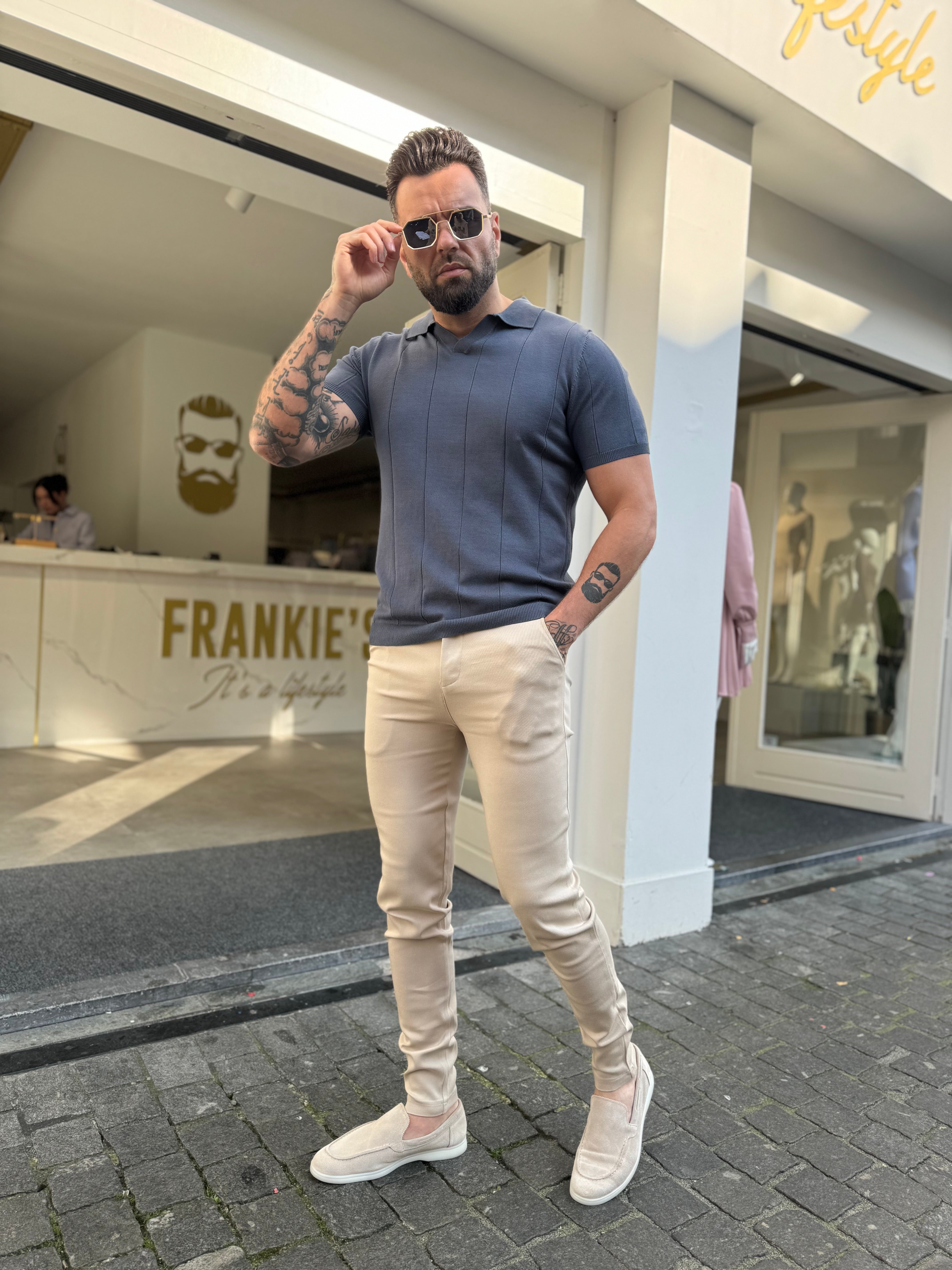 Buttonless knitwear polo short sleeve dark blue