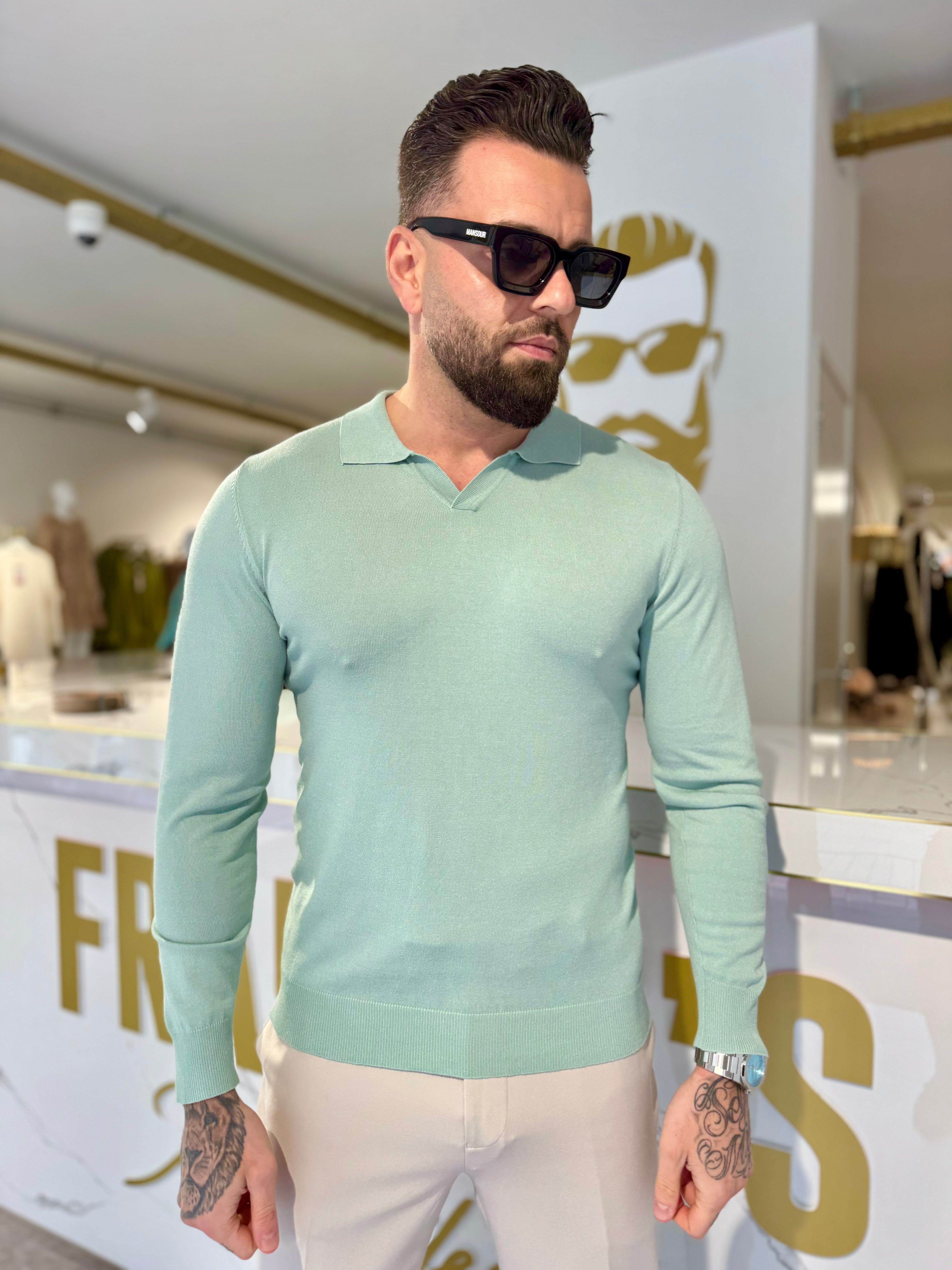 Collar V-Neck Knitwear, Plain - Mint Green