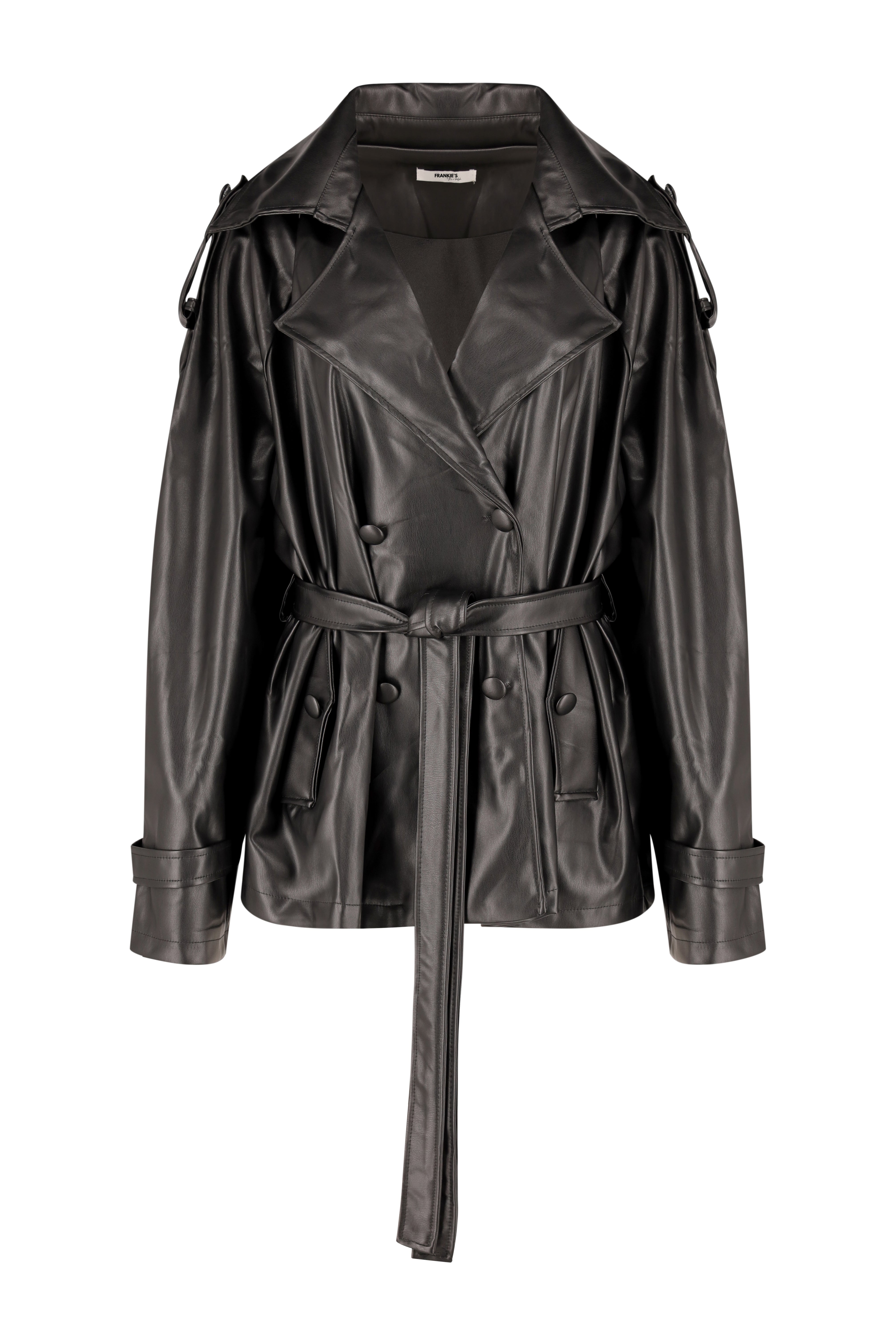Belted Faux Leather DB Jacket - Black