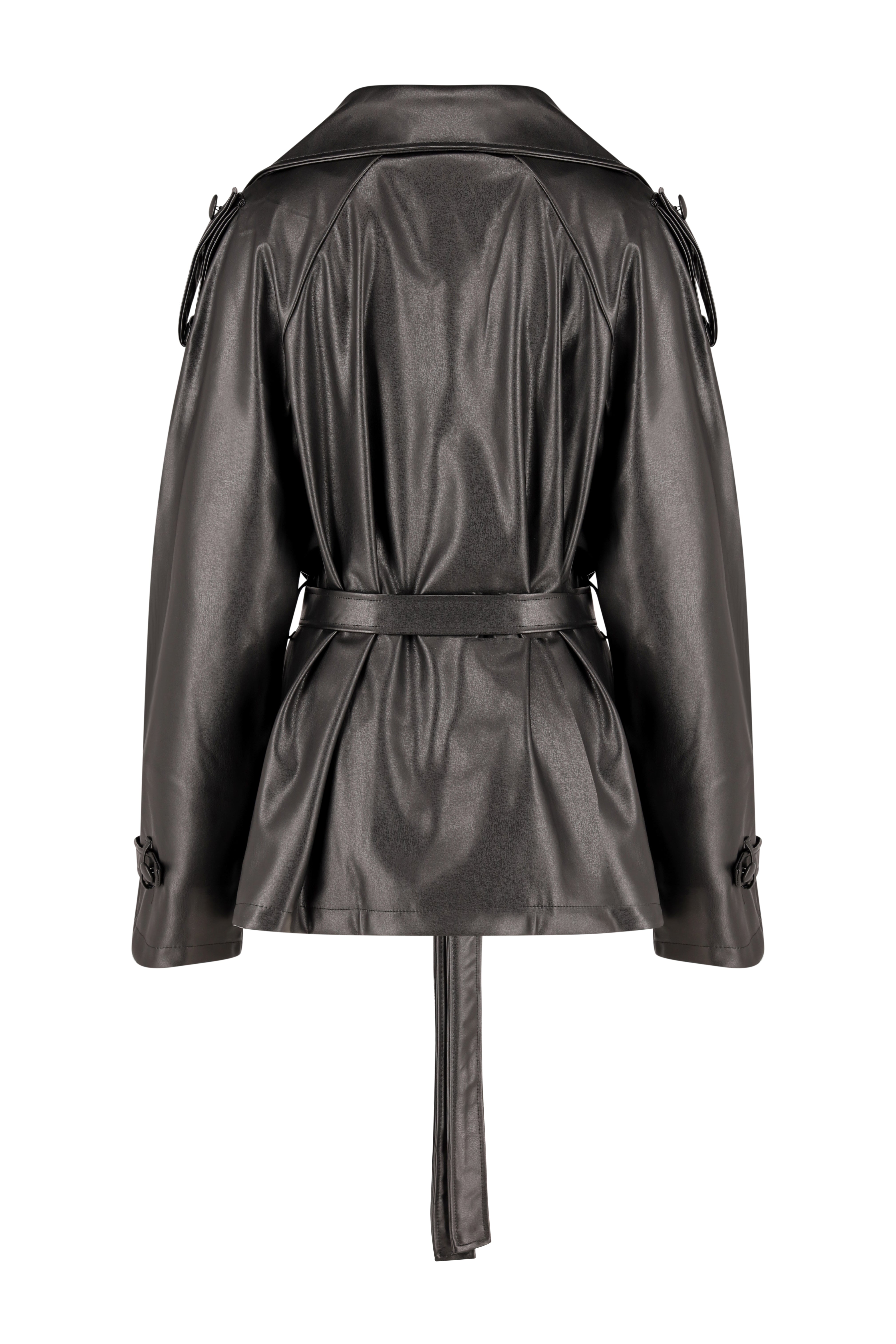 Belted Faux Leather DB Jacket - Black