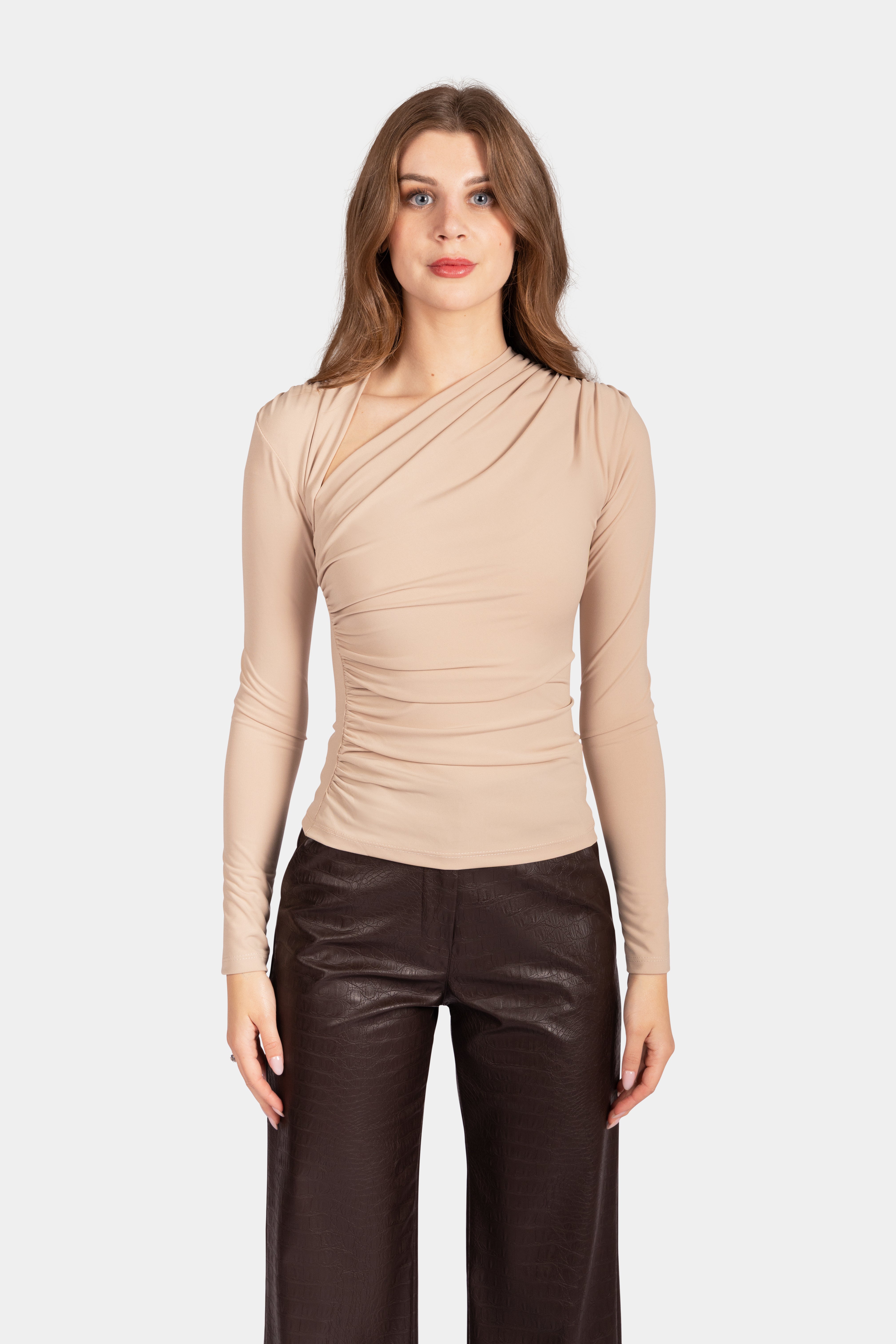 Long sleeve top with ruching neck - Beige