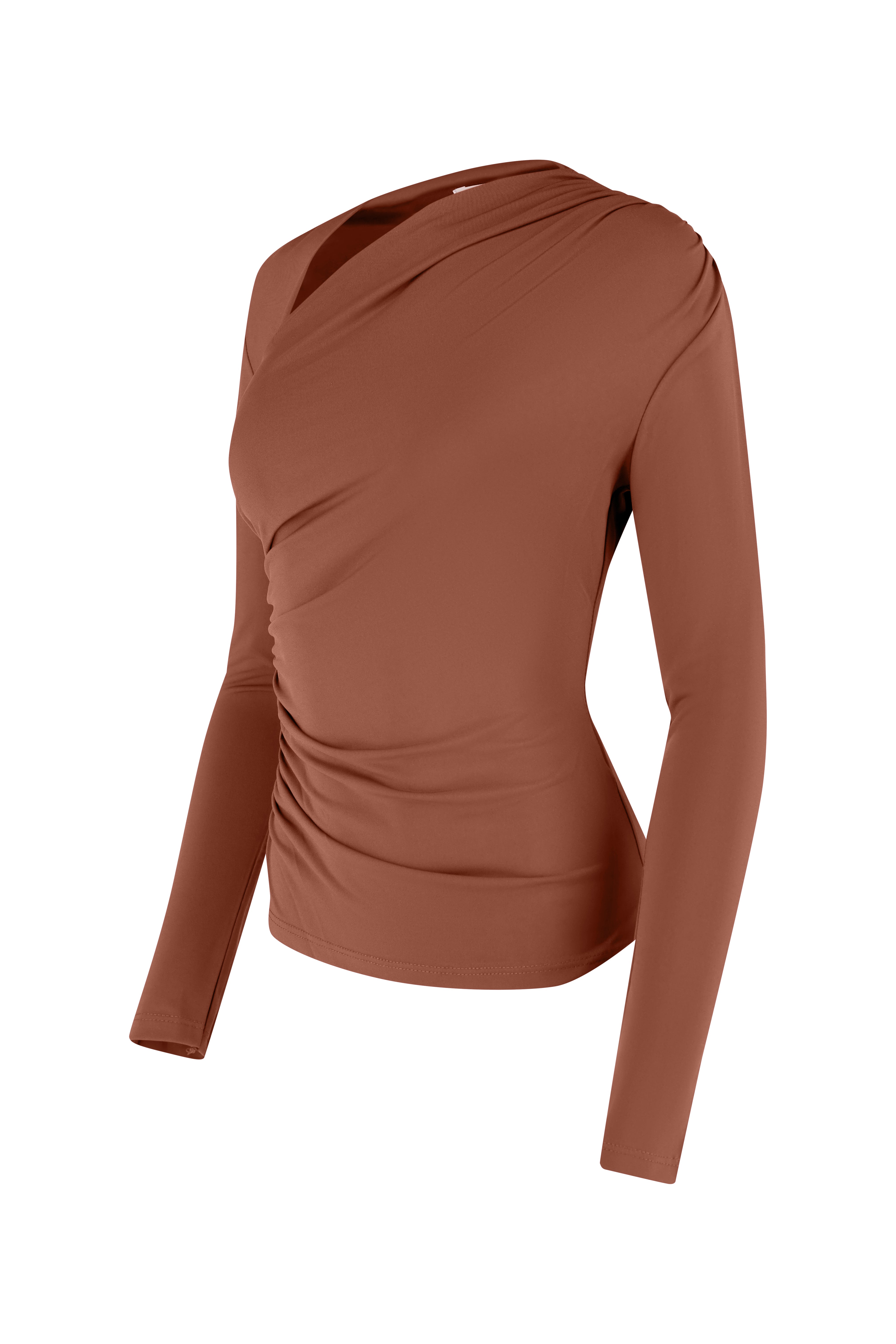 Long sleeve top with ruching neck - Brown