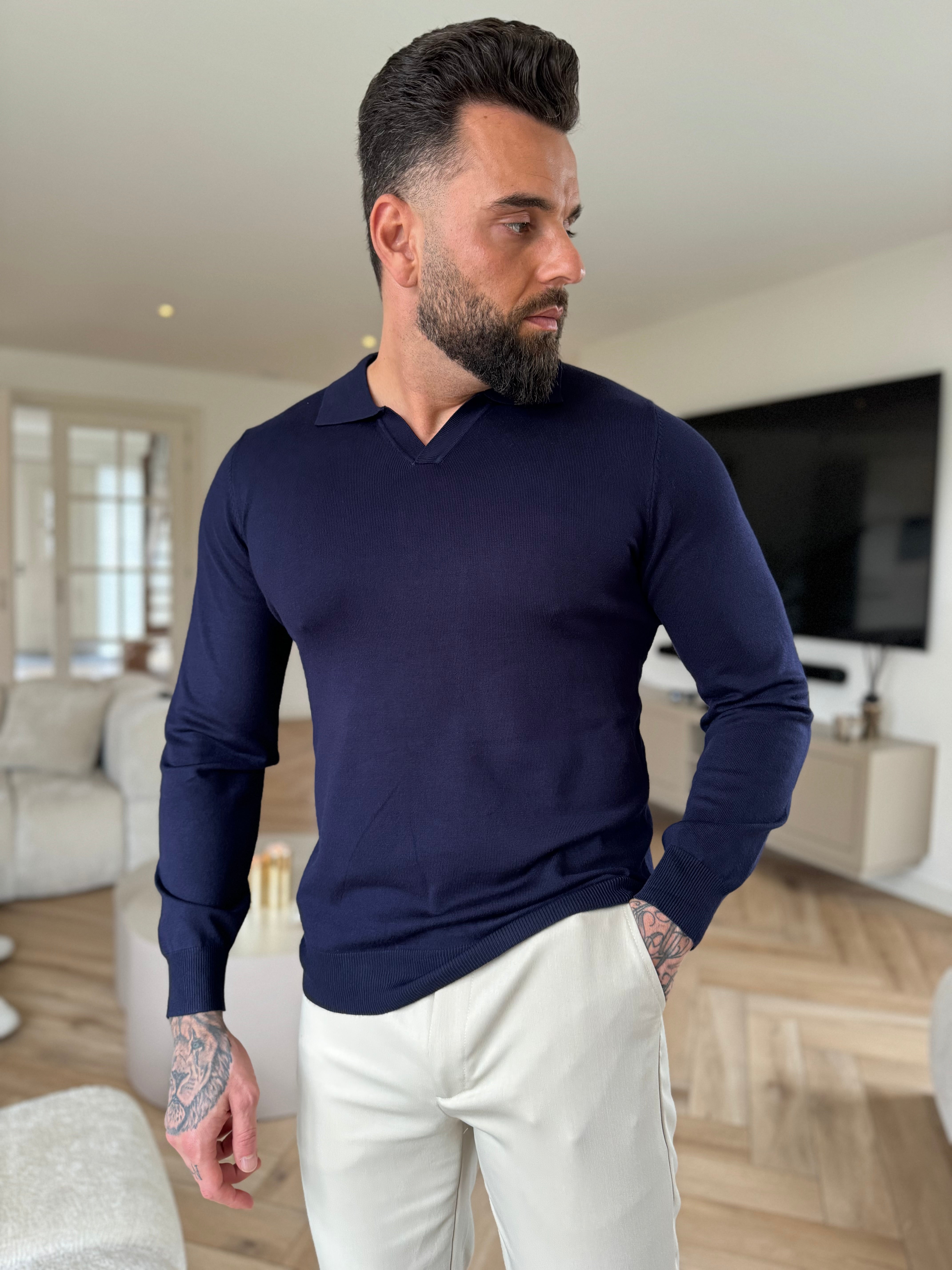Collar V-Neck Knitwear, Plain - Navy