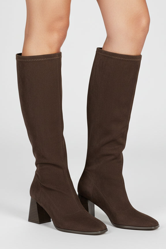 Suede Knee-High Block Heel Boot - Chocolate Brown