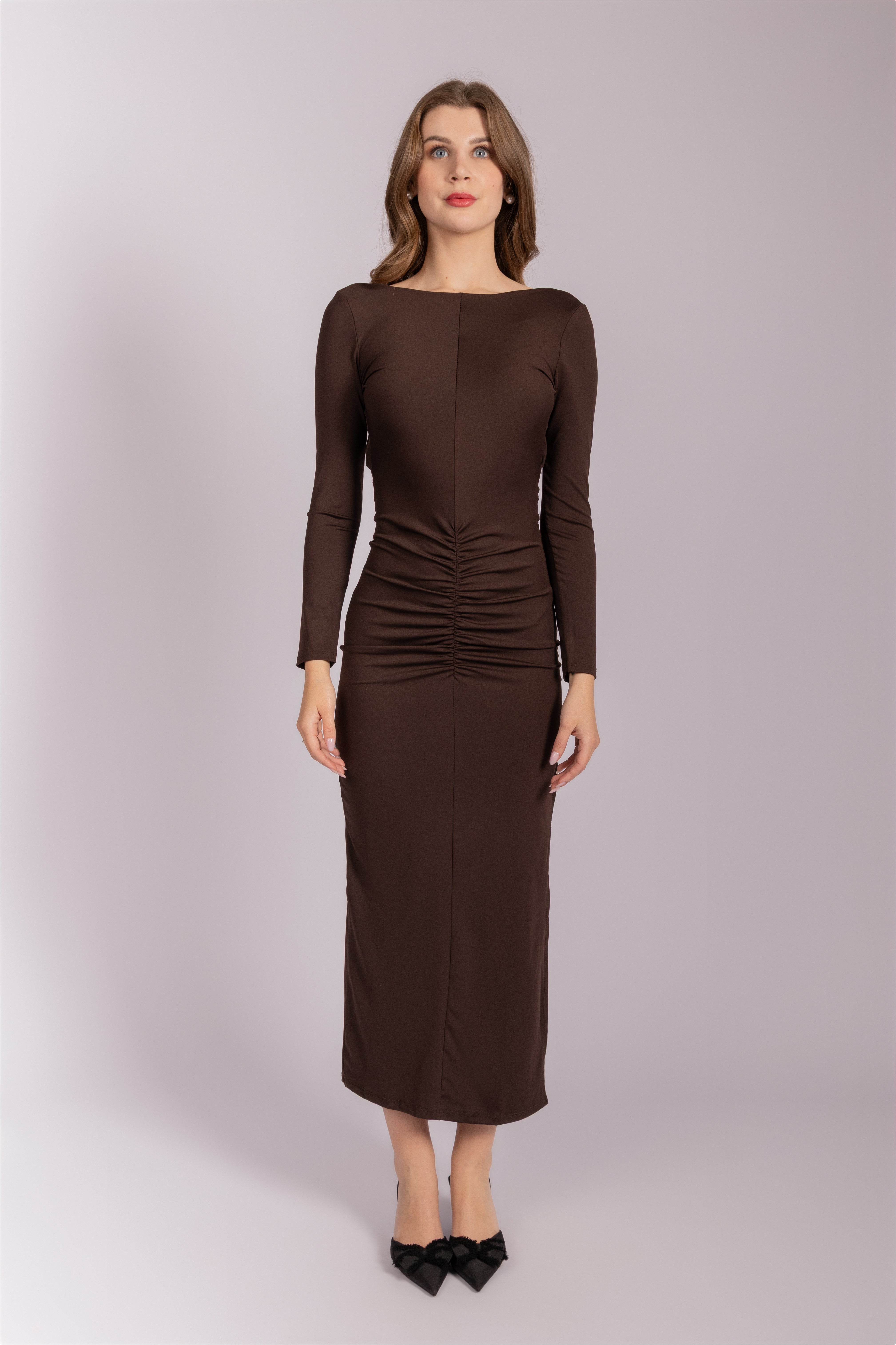Long sleeve fitted dress - Brown