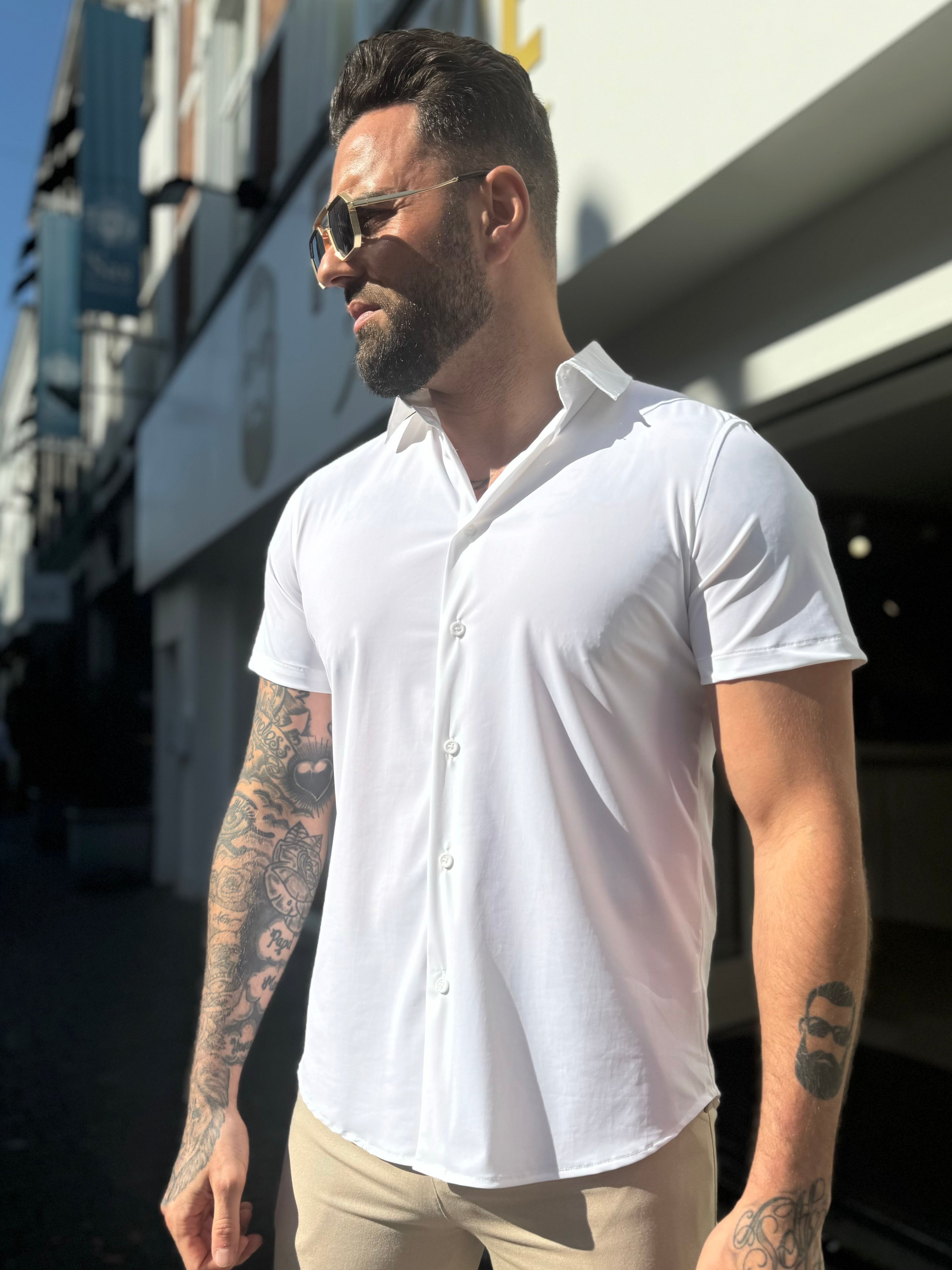 Satin super stretch shirt short sleeve white - Frankie's