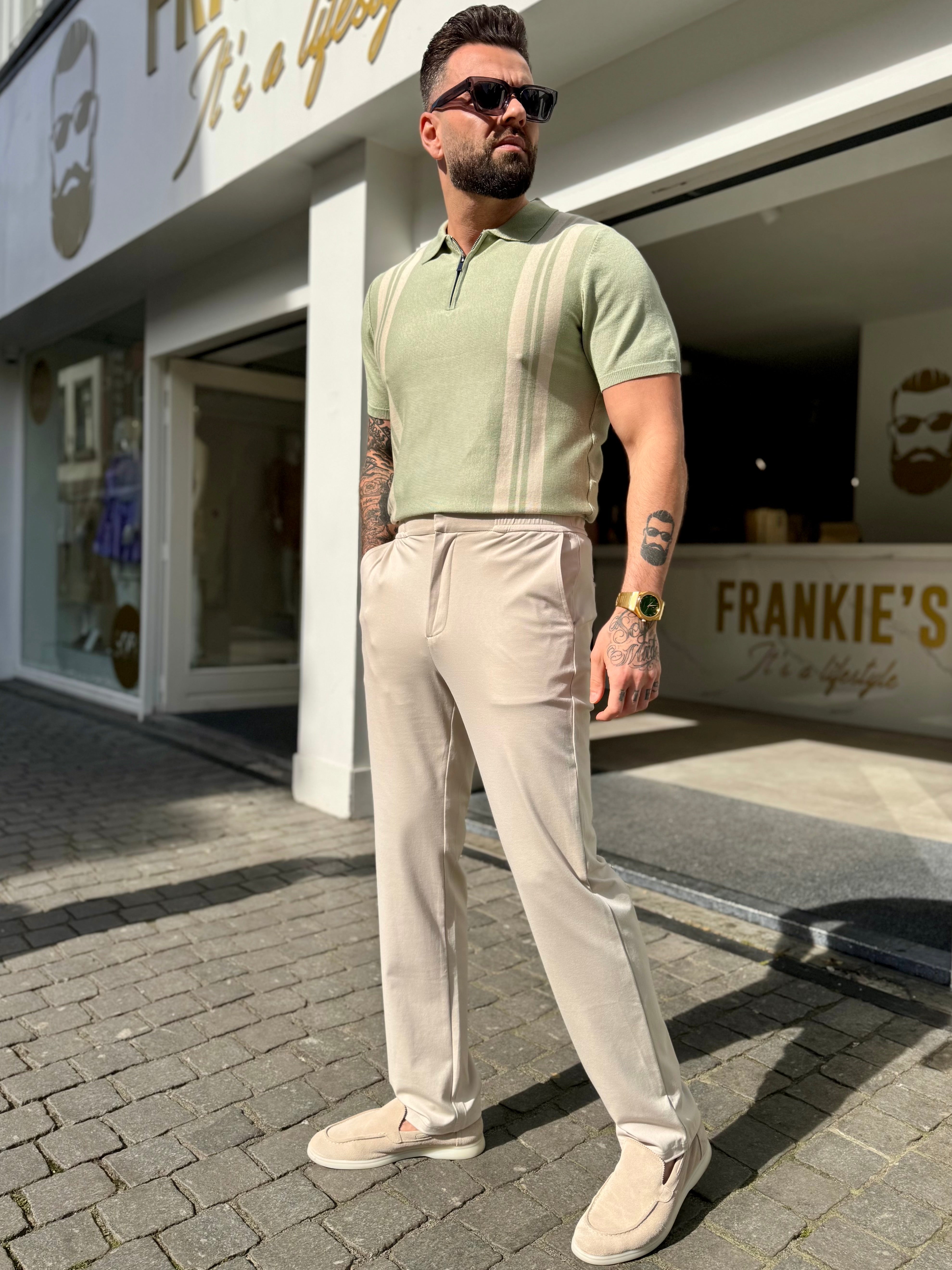 Polo knitwear short sleeve zipper light green beige