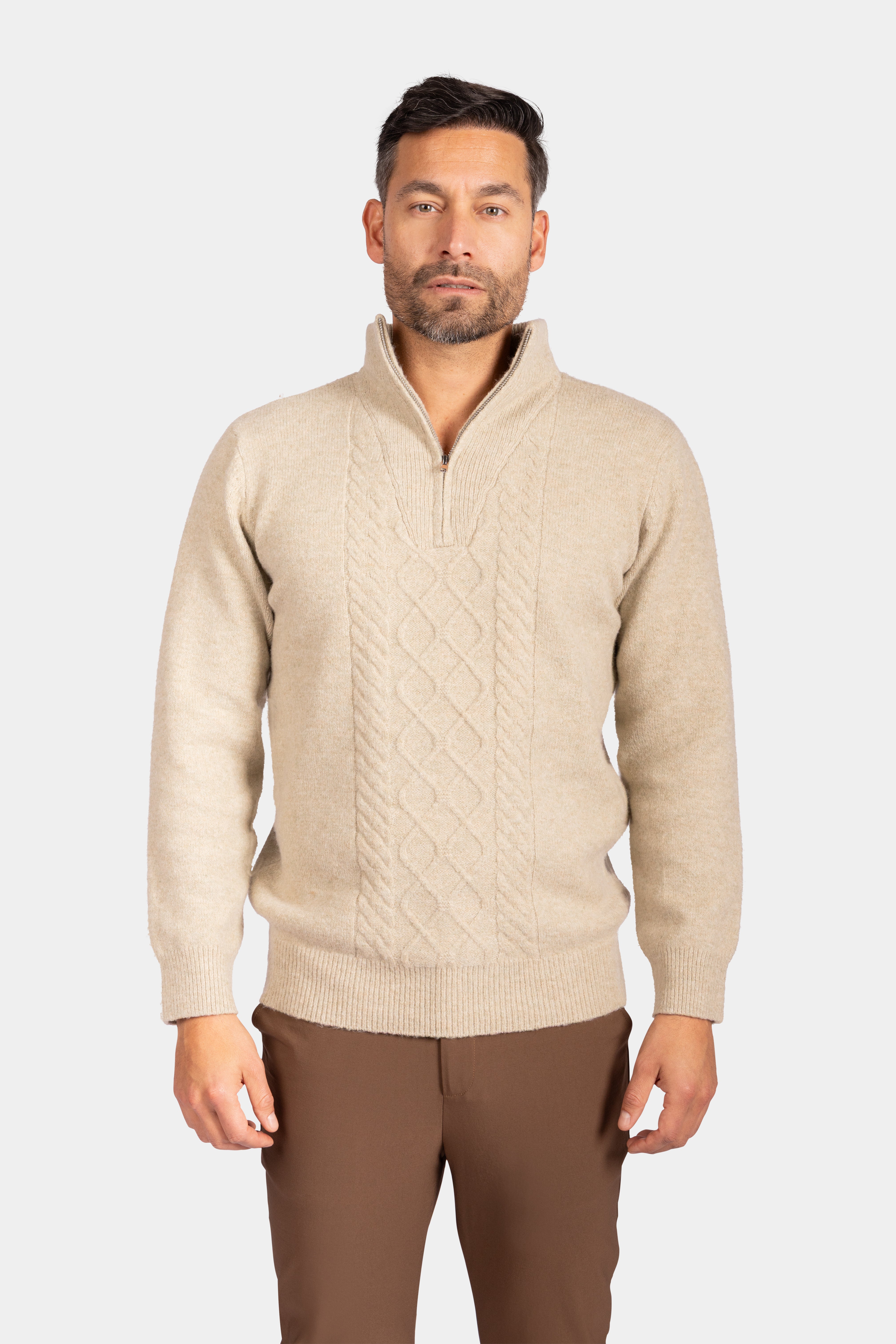 Quarter Zip Funnel-Neck Knitwear, With Diamond Design - Beige
