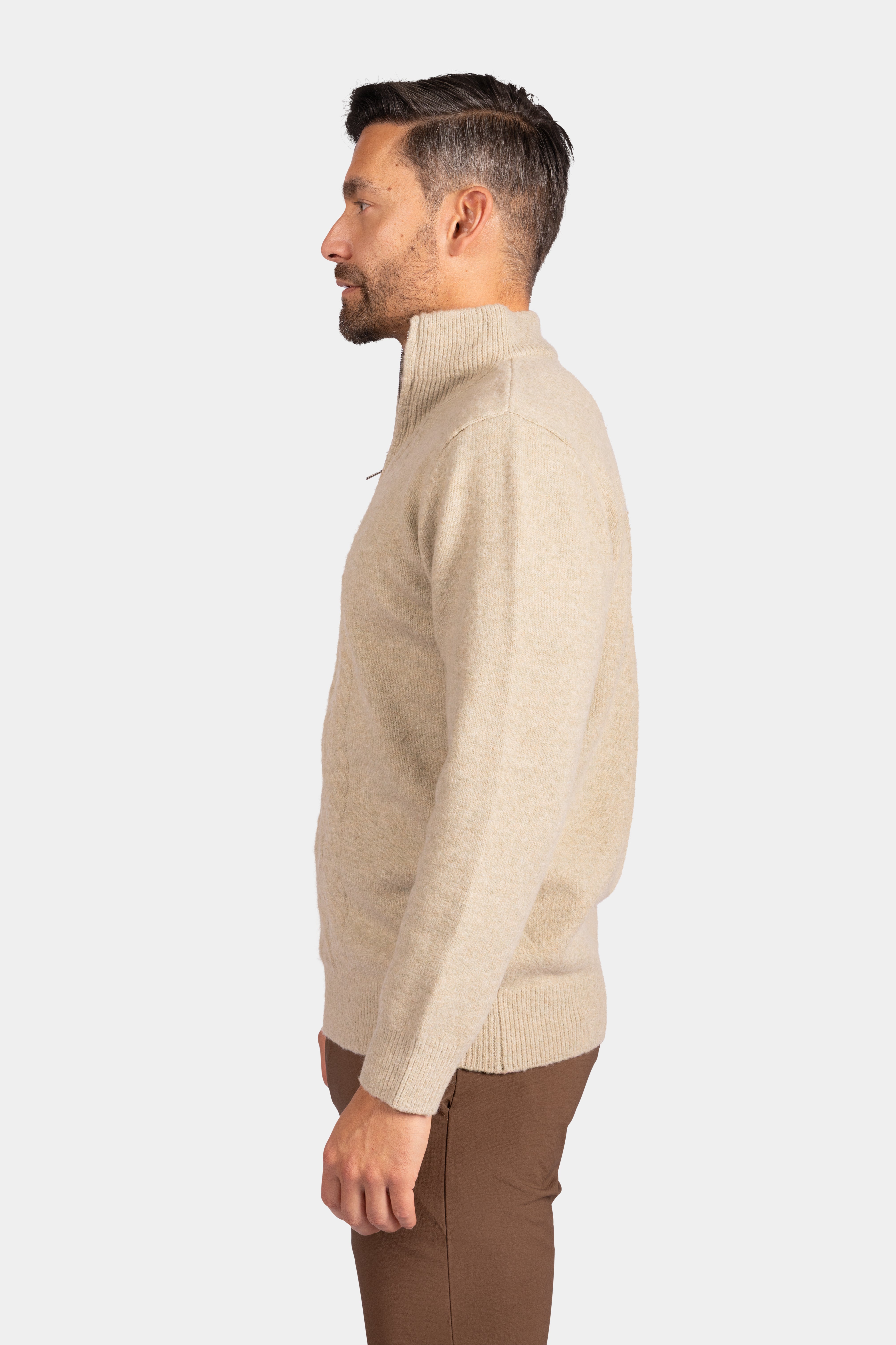 Quarter Zip Funnel-Neck Knitwear, With Diamond Design - Beige