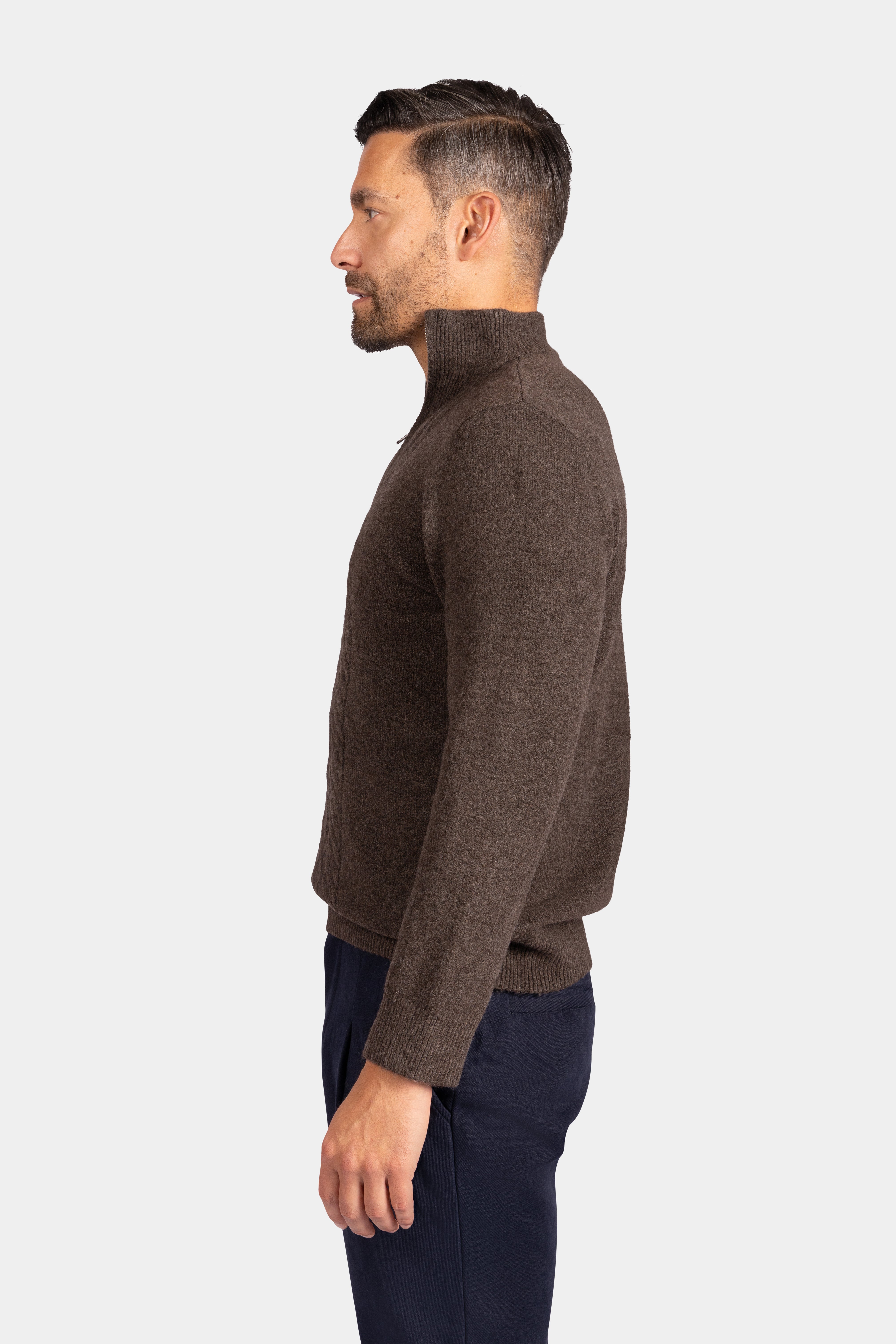 Quarter Zip Funnel-Neck Knitwear, With Diamond Design - Brown