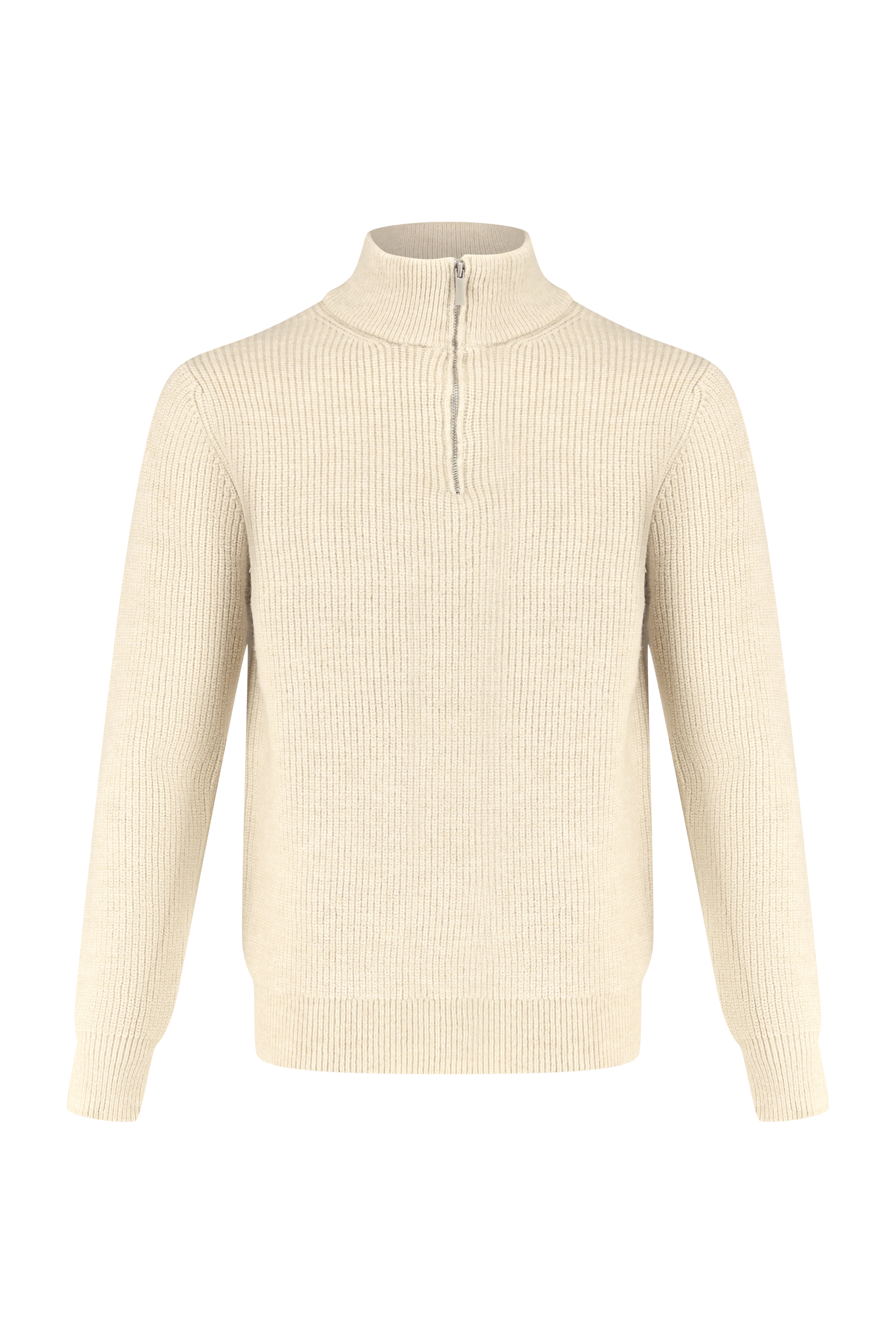 Quarter Zip Funnel Neck, Rib Knitwear - Beige