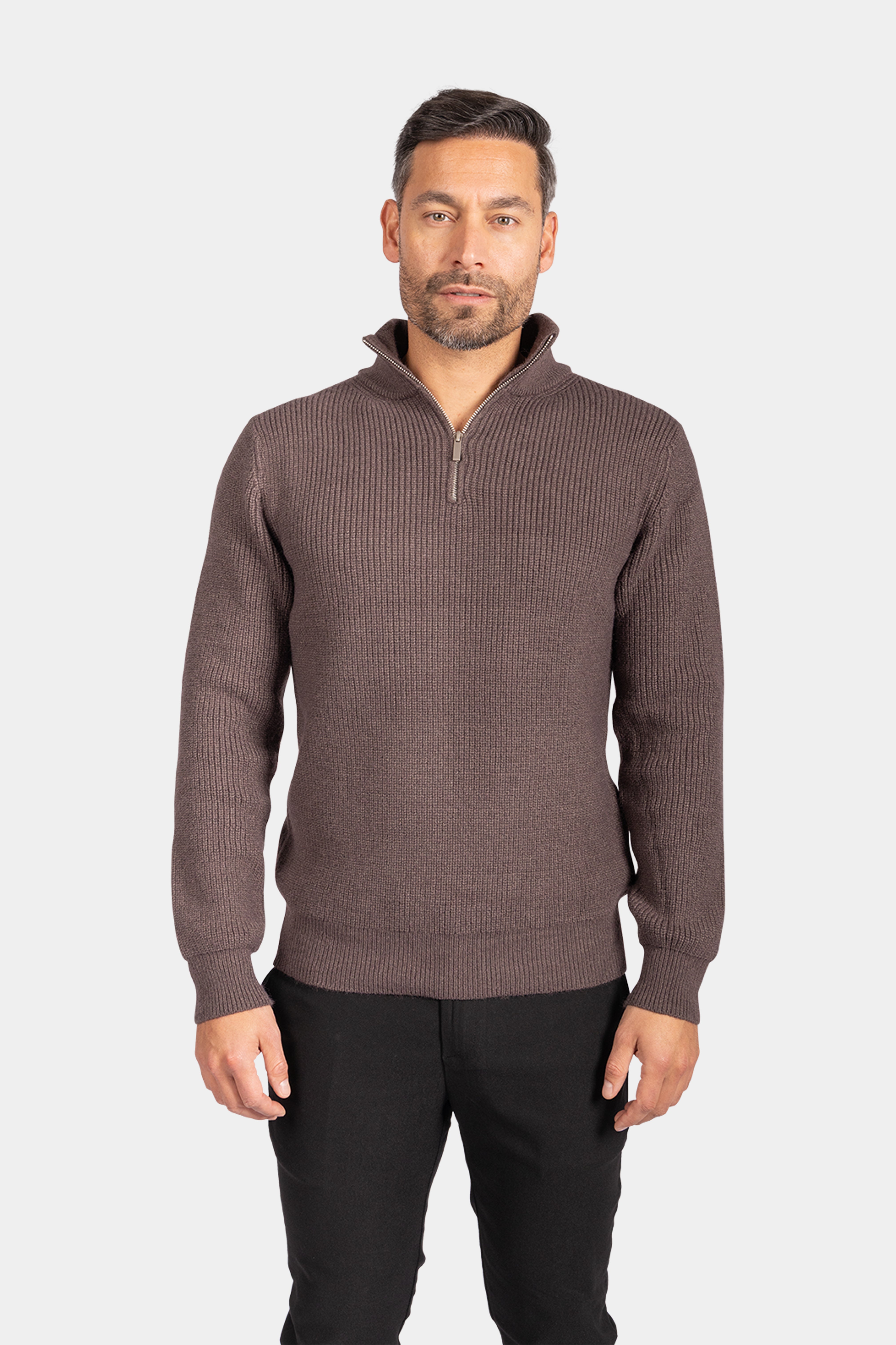 Quarter Zip Funnel Neck, Rib Knitwear - Brown - Frankie's