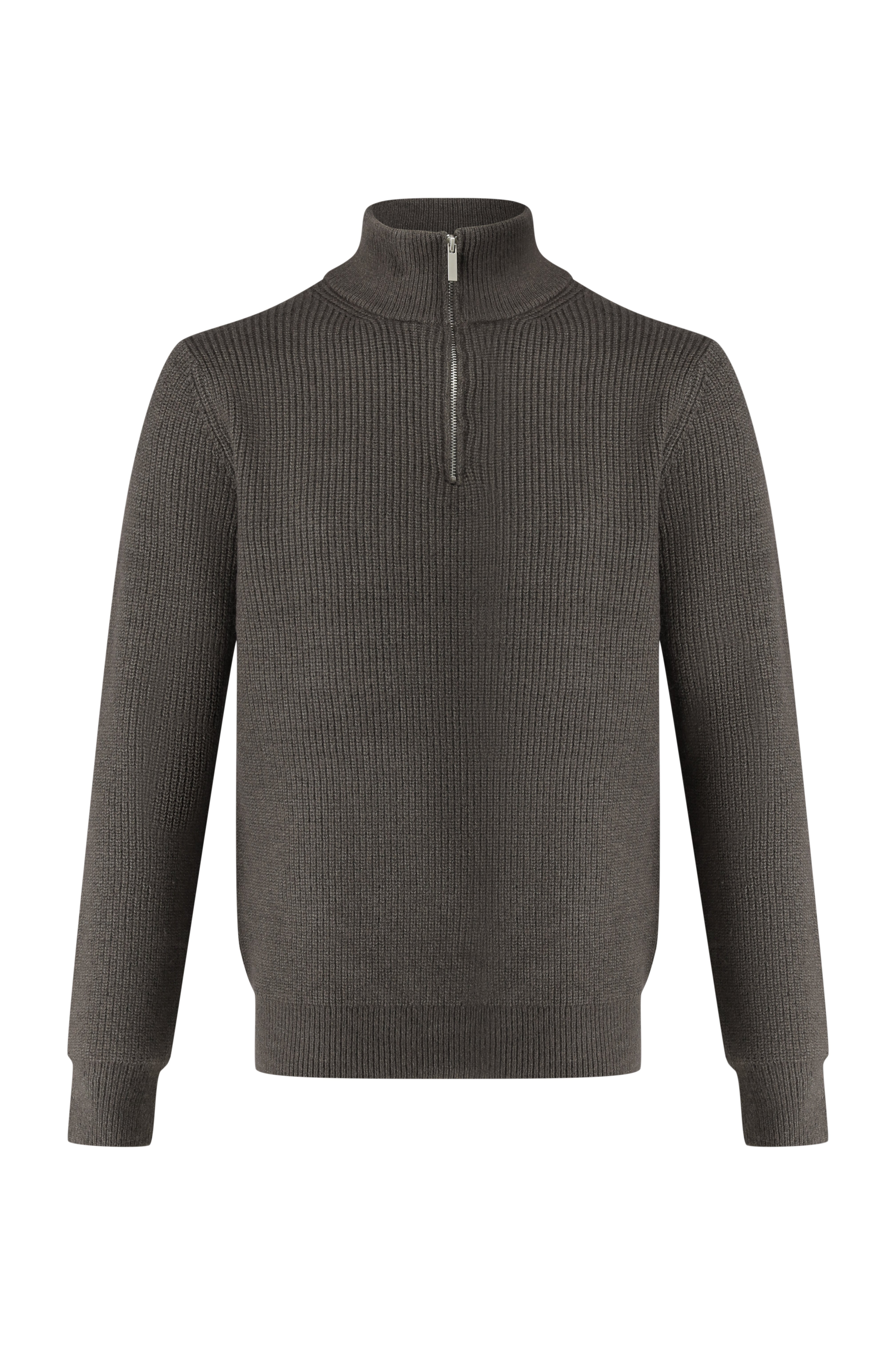 Quarter Zip Funnel Neck, Rib Knitwear - Brown