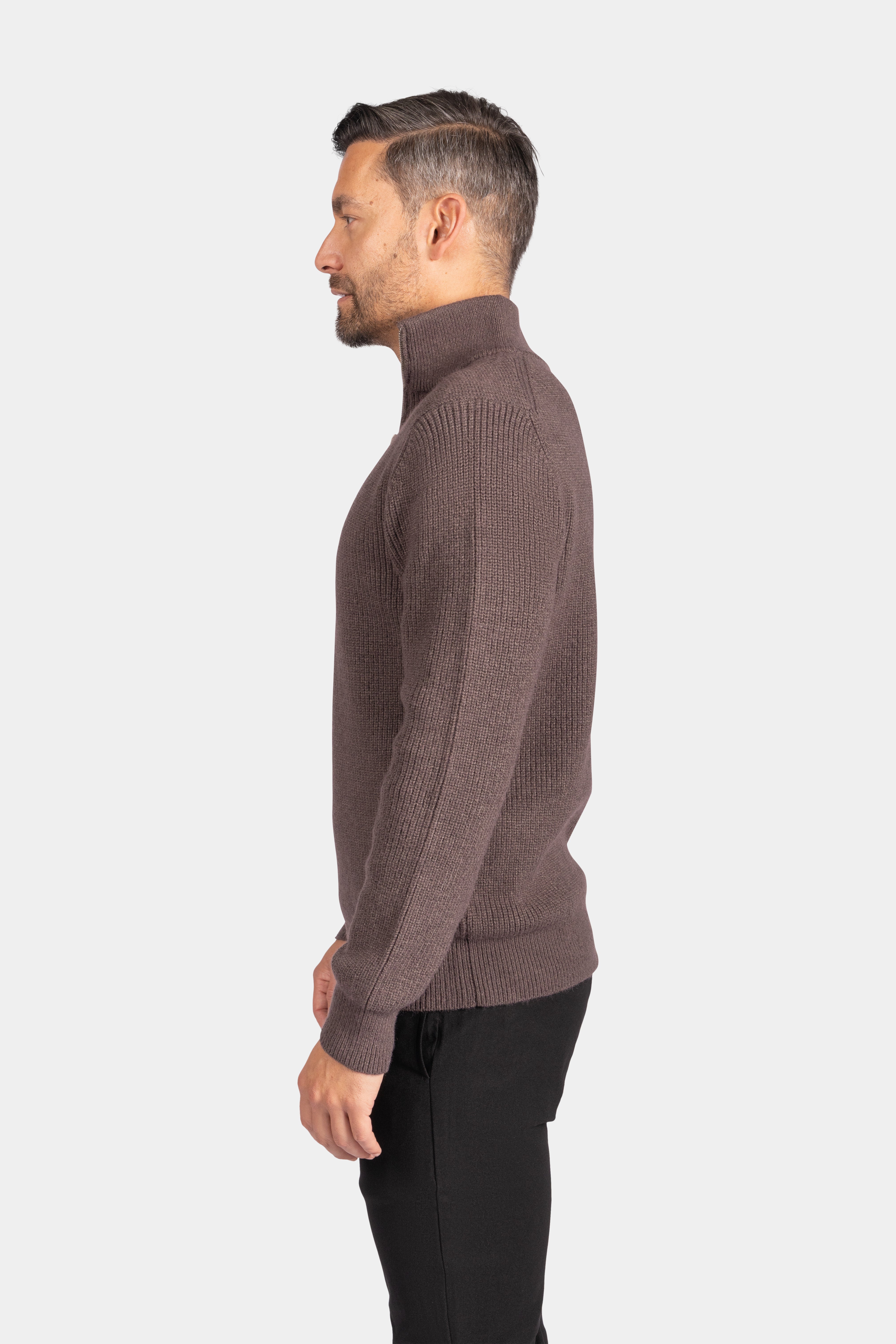 Quarter Zip Funnel Neck, Rib Knitwear - Brown - Frankie's