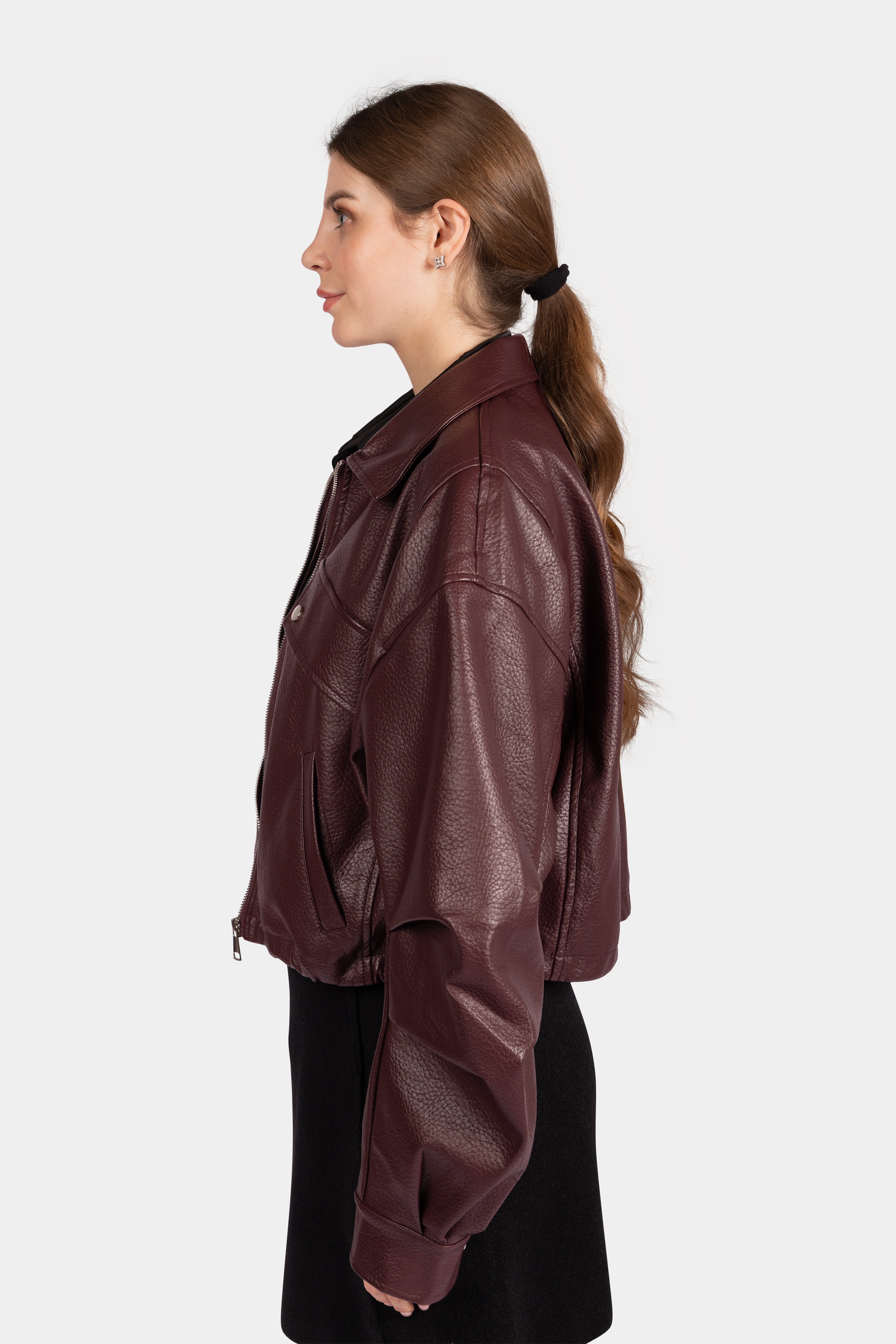 Veganer Lederjacke mit durchgehendem Reißverschluss – Bordeaux