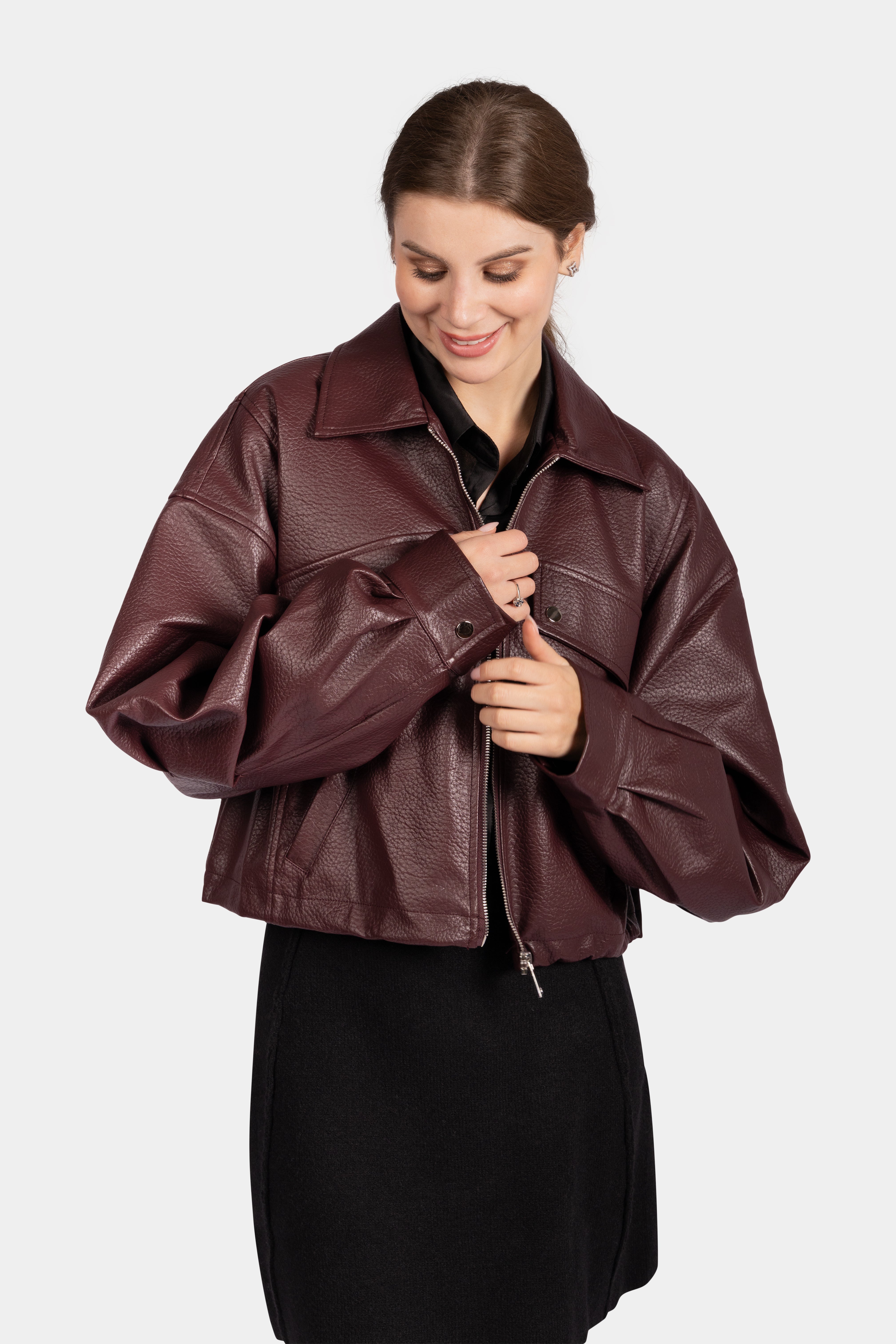 Vegan Leather Zip-Through Jacket - Bordeaux