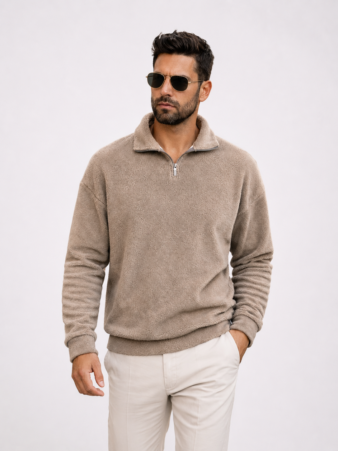 Classic Zip Fleece Pullover - Beige
