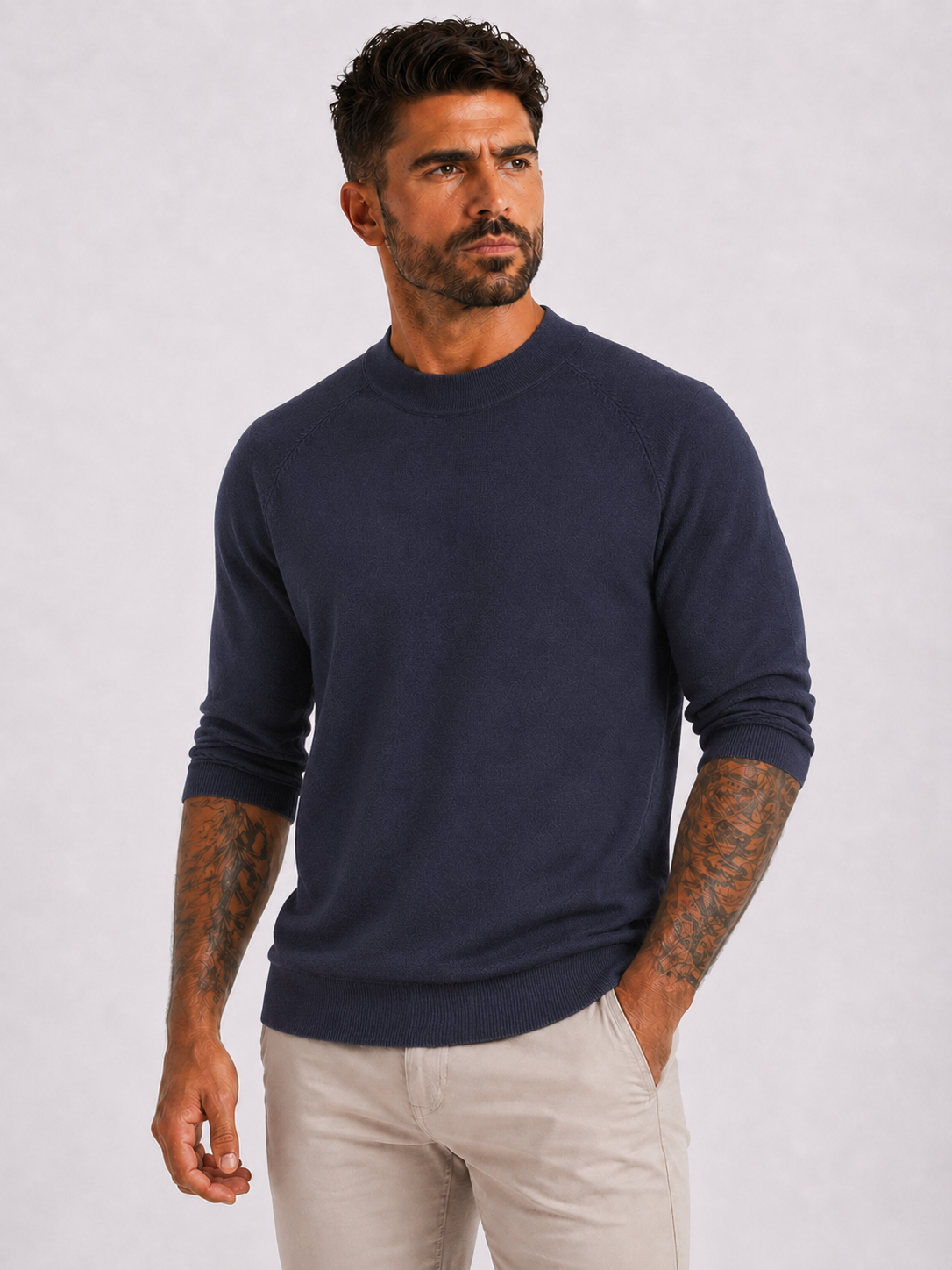 Crewneck Knitwear, Plain with Raglan Sleeve - Navy