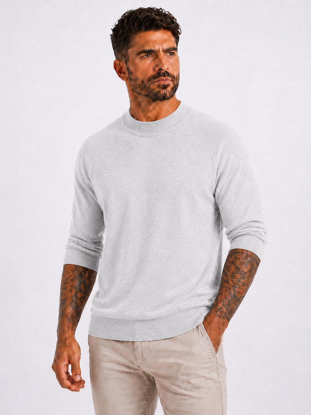 Crewneck Knitwear, Plain with Raglan Sleeve - Light Grey