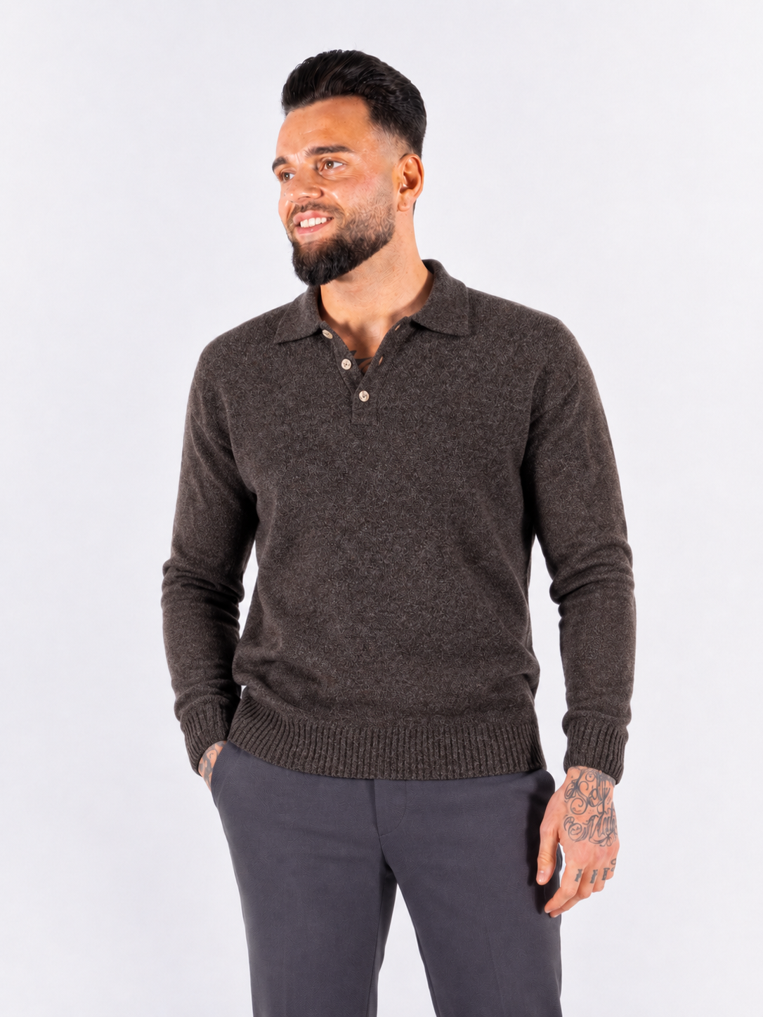Polo Knitwear, Plain with Tape Detail - Brown