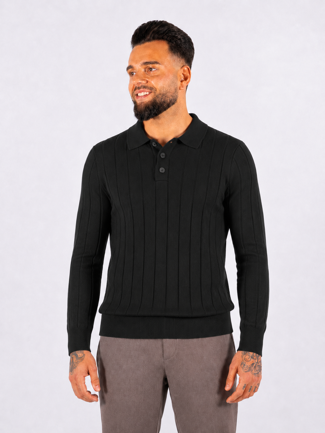 Polo Knitwear Self Stripe Detail - Black