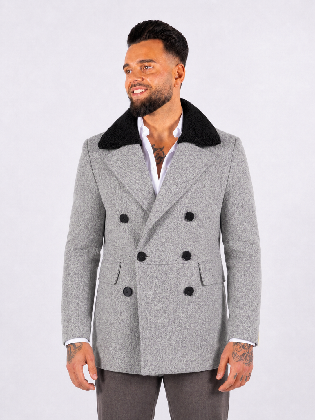 Double Breasted Short Coat With Fur Trim - Grey