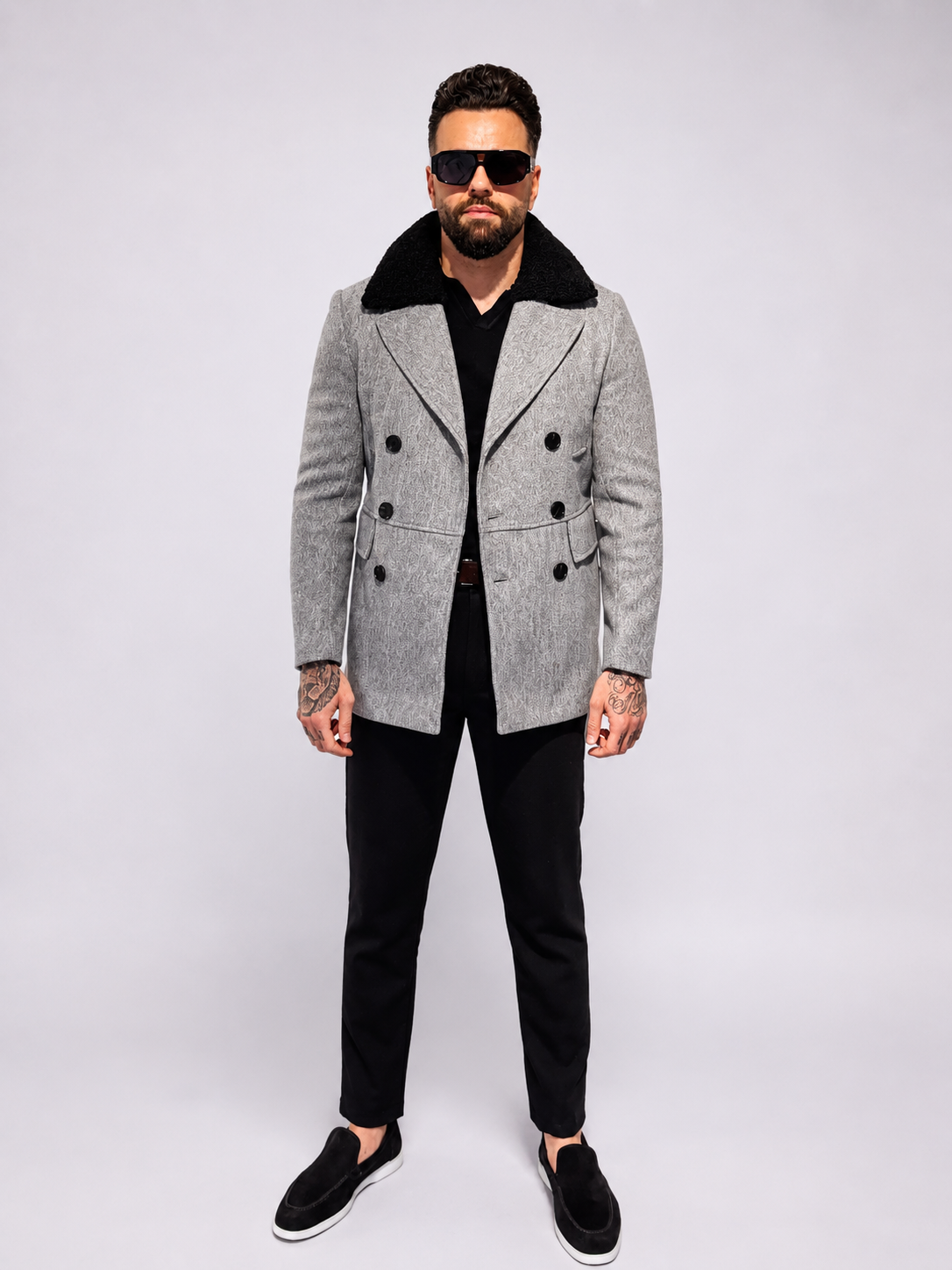 Double Breasted Short Coat With Fur Trim - Grey
