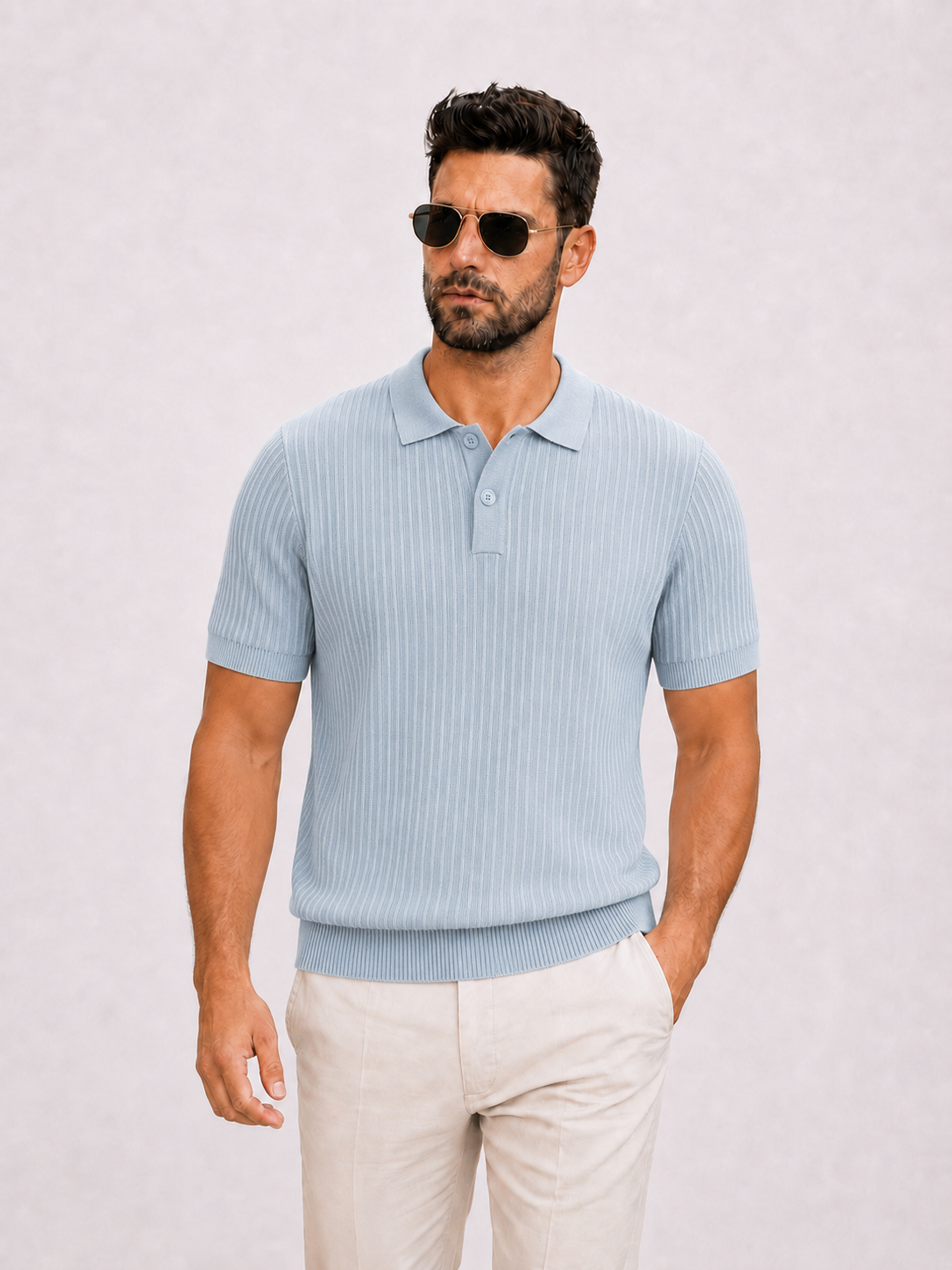 Polo short sleeve button rib light blue