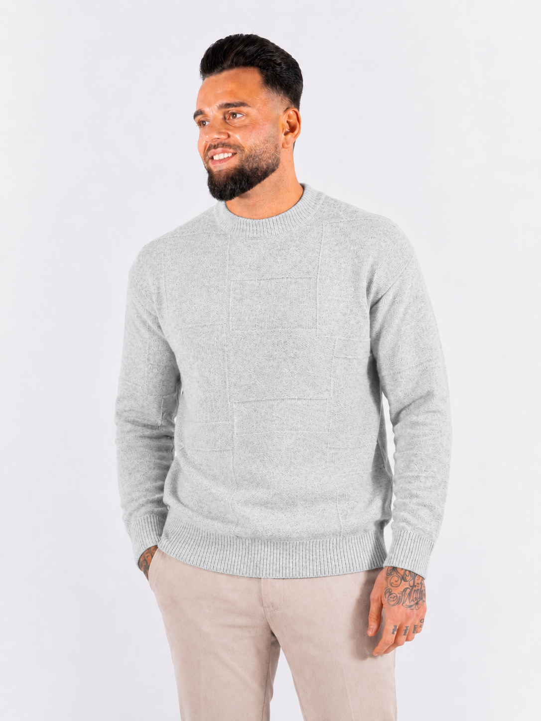 Crewneck Knitwear, Self Block Pattern - Grey - Frankie's