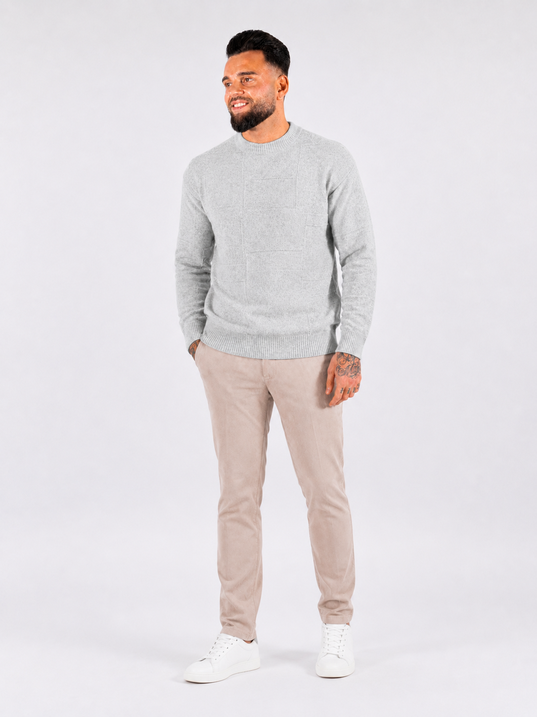 Crewneck Knitwear, Self Block Pattern - Grey - Frankie's