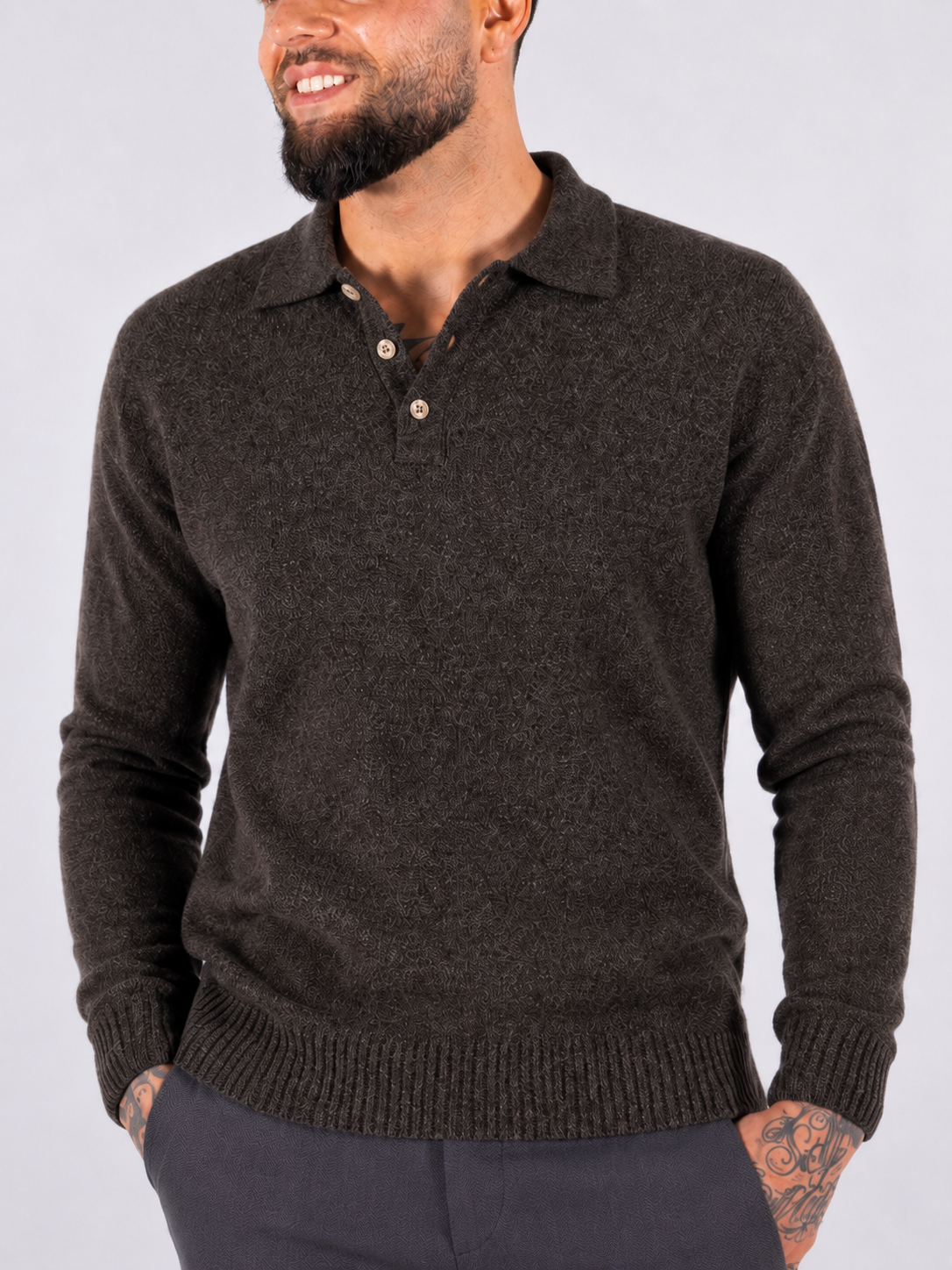 Polo Knitwear, Plain with Tape Detail - Brown - Frankie's