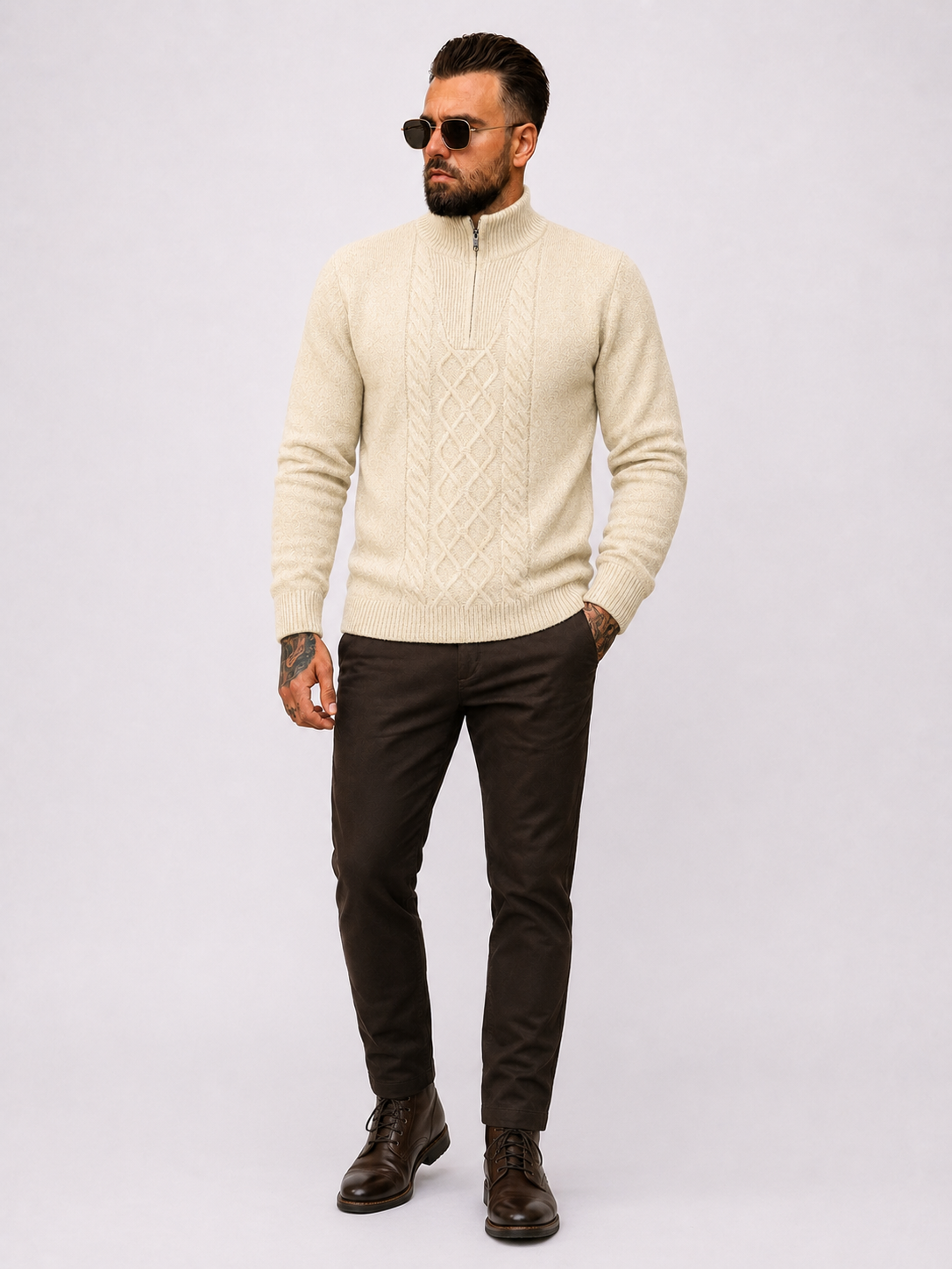 Quarter Zip Funnel Neck, Rib Knitwear - Beige - Frankie's