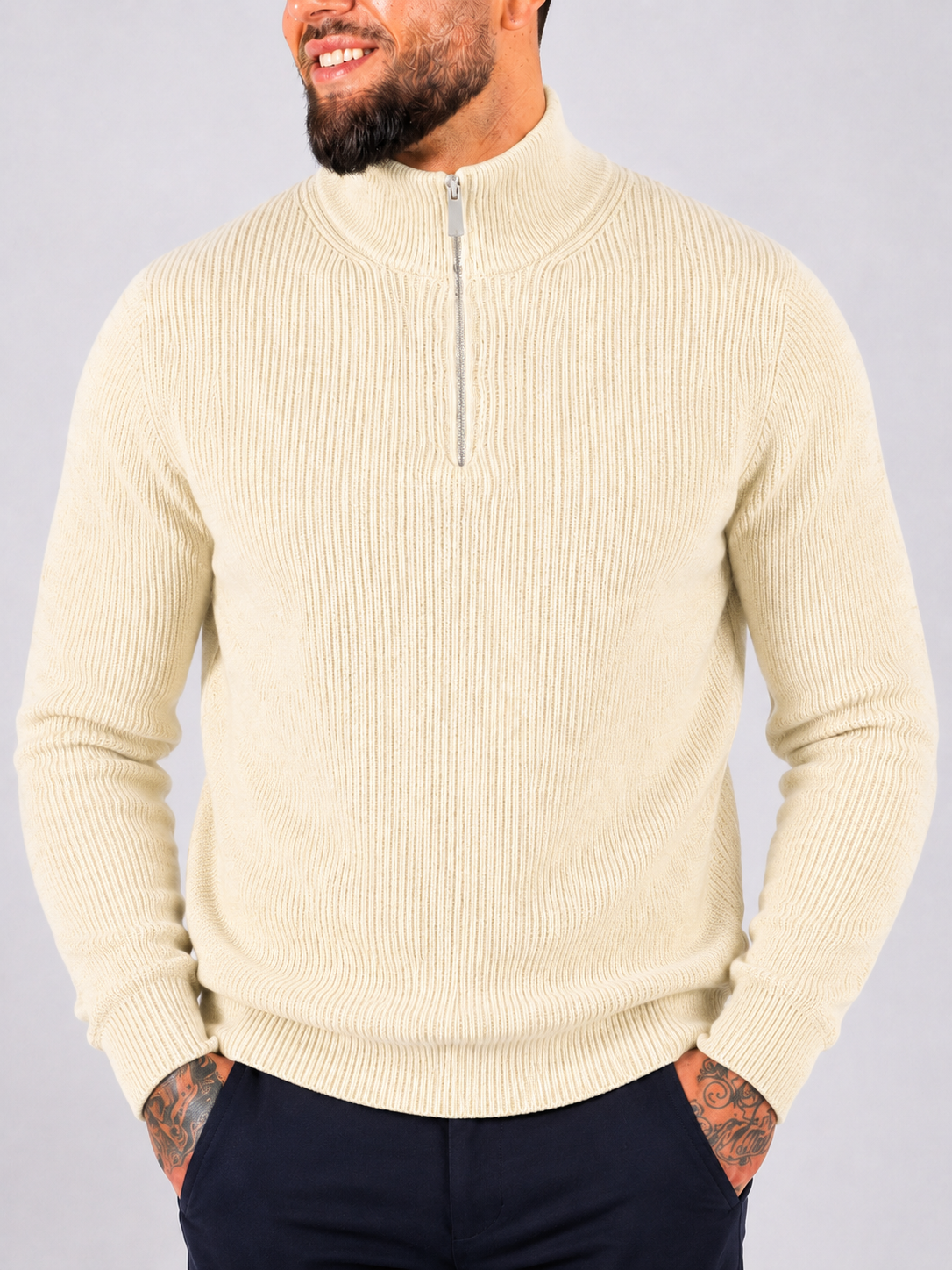 Quarter Zip Funnel Neck, Rib Knitwear - Beige - Frankie's