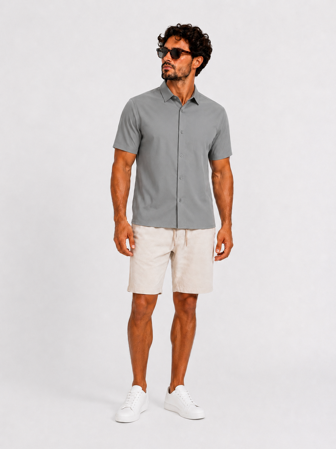 Satin super stretch shirt short sleeve light grey - Frankie's